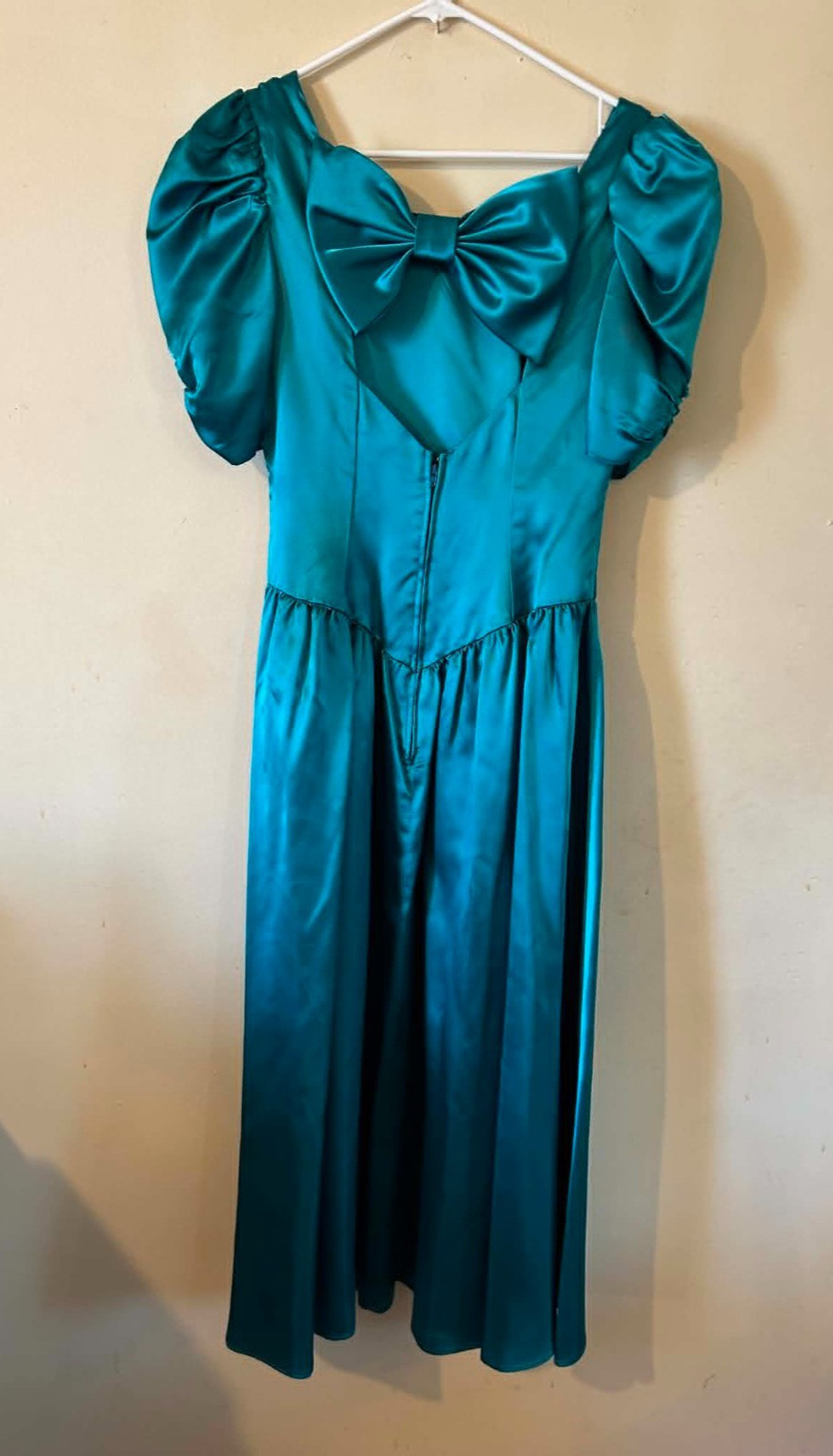 Vtg 80s Teal Acetate Liquid Satin Prom Dress Open Back Bow Puff Sleeve USA Sz 12