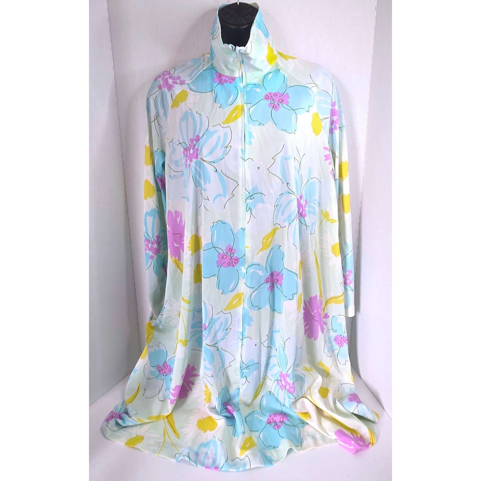 Vintage Miss Elaine Pastel Floral Zip Front House Coat Duster Blue Yellow M/L?
