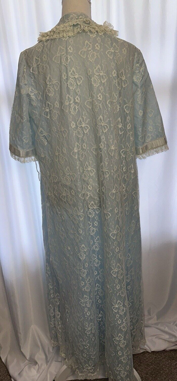 Vintage Odette Barsa Robe Size M Light Blue Lace Dressing Gown 1960s Long