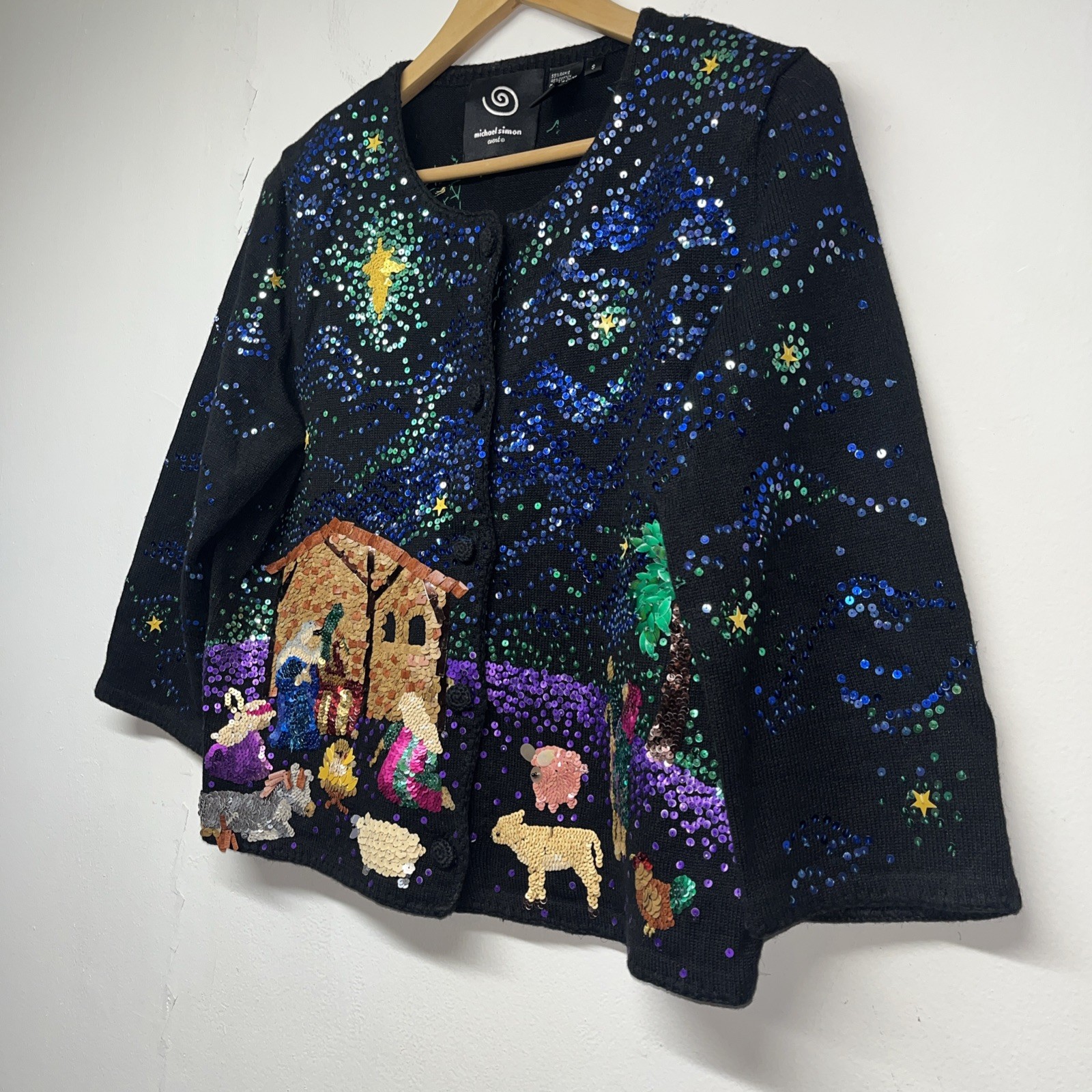 2001 VTG Michael Simon Event Nativity Scene Sequin Sweater Cardigan S