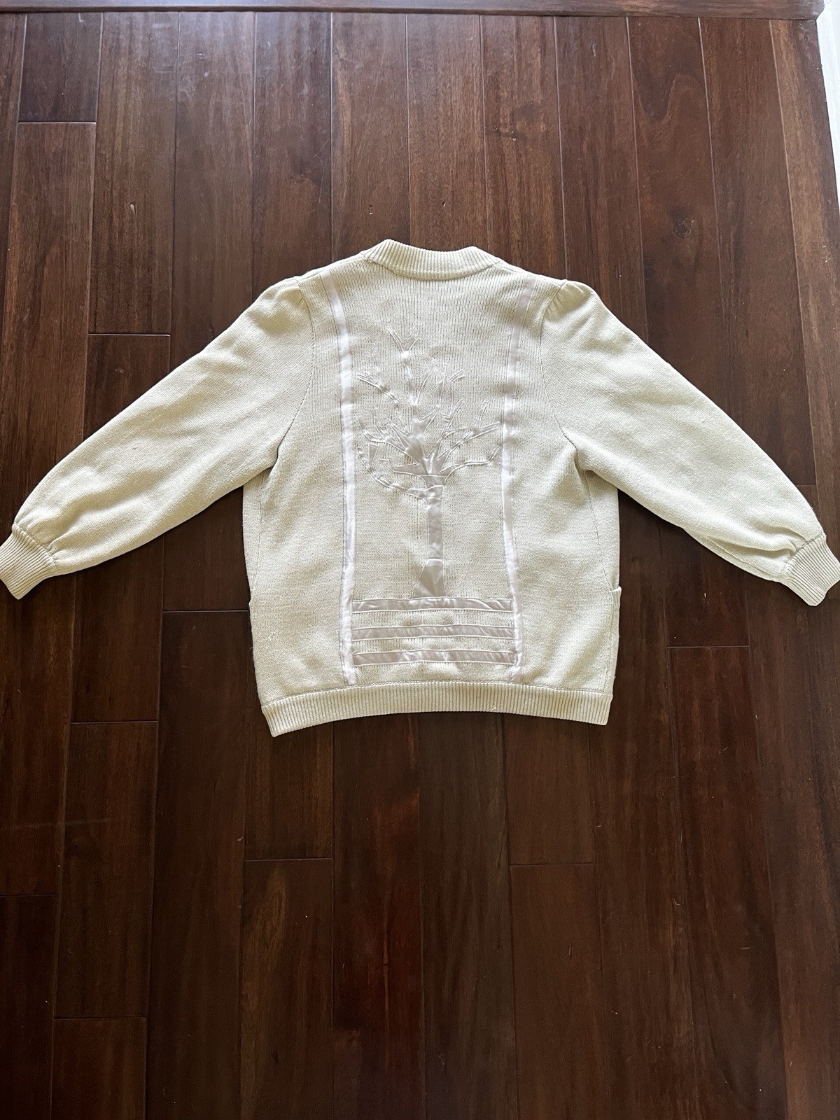 Vintage Macho Austria Cream Cardigan Tree Embroidery Satin Ribbon Sz 38/40