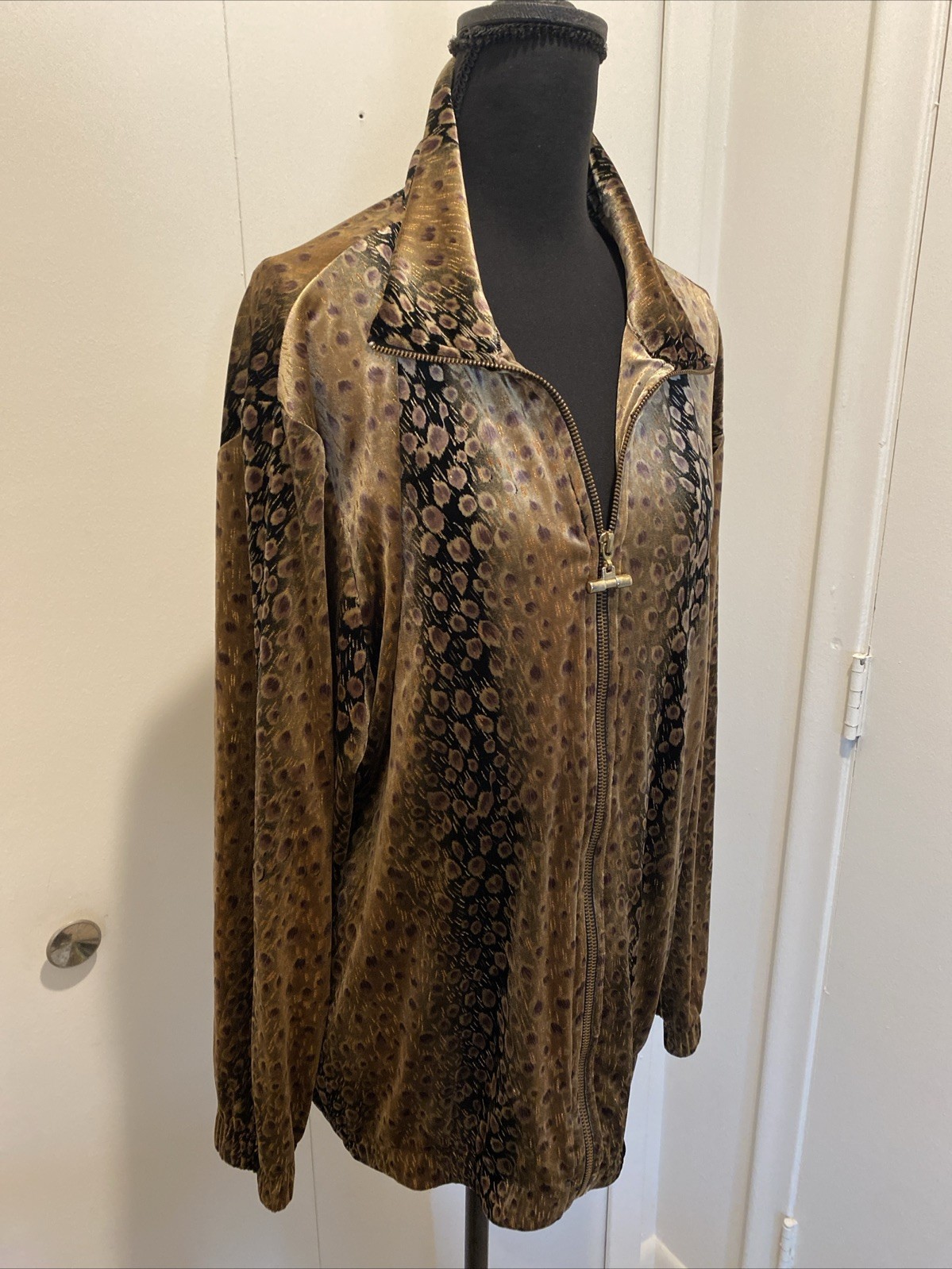 Silver Threads Vintage 80s Metallic Velvet Animal Print Jacket Gold SZ L Made US