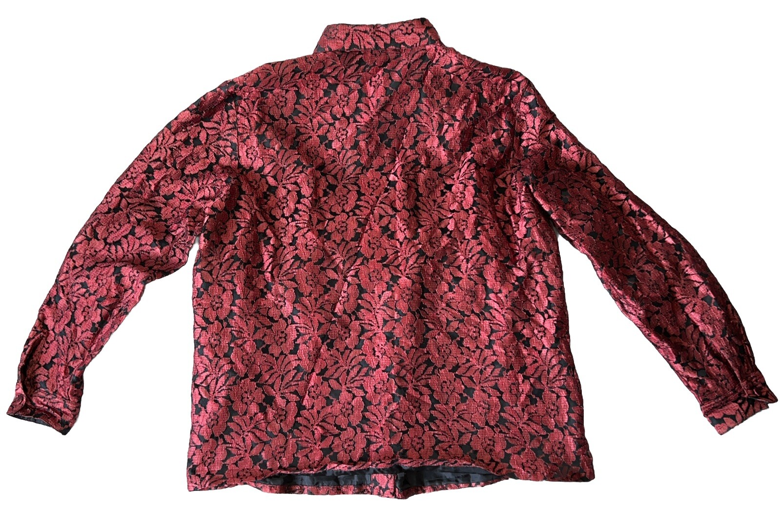 Vintage 70s QPS Womens L Blouse Button Up Rayon Floral & Nylon Mesh Black Lining