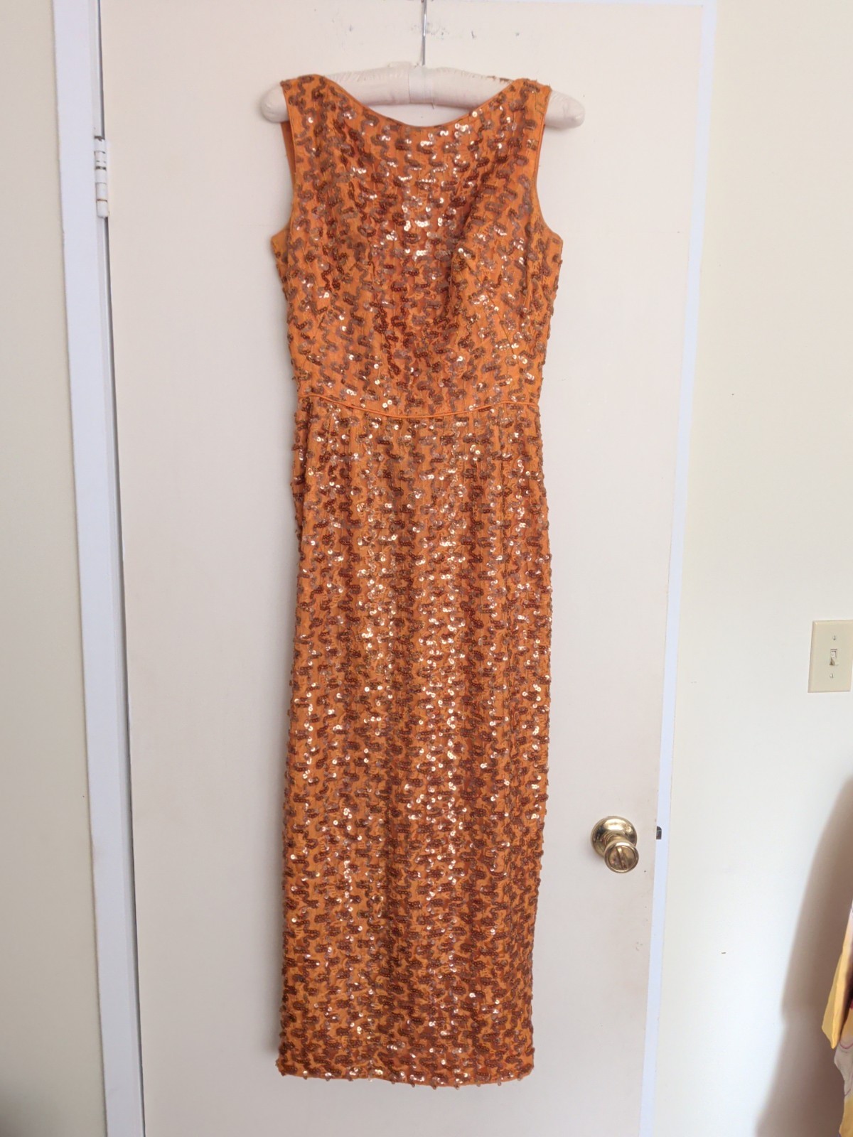 Vintage 60s Mod Burnt Orange Bronze Sequin Dress Column Low Back 36