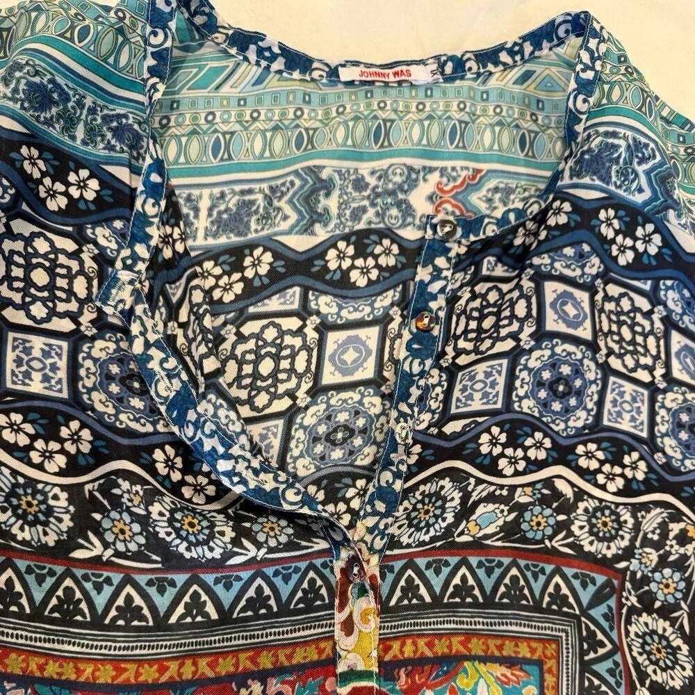 New! Johnny Was Silk Frame Tunic Multicolor Patchwork Boho Blouse Medium