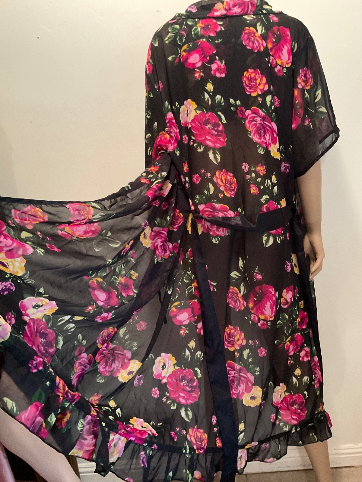 Vintage Ruffled Hem Long Maxi Sheer Floral Robe Size 2X