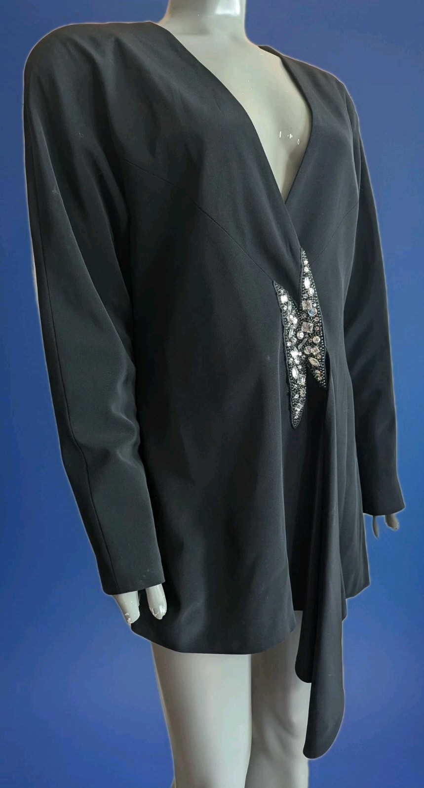 Vintage 80s D&rsquo;ore Black Draped Jacket w/Rhinestone Accent Draped Fold 16
