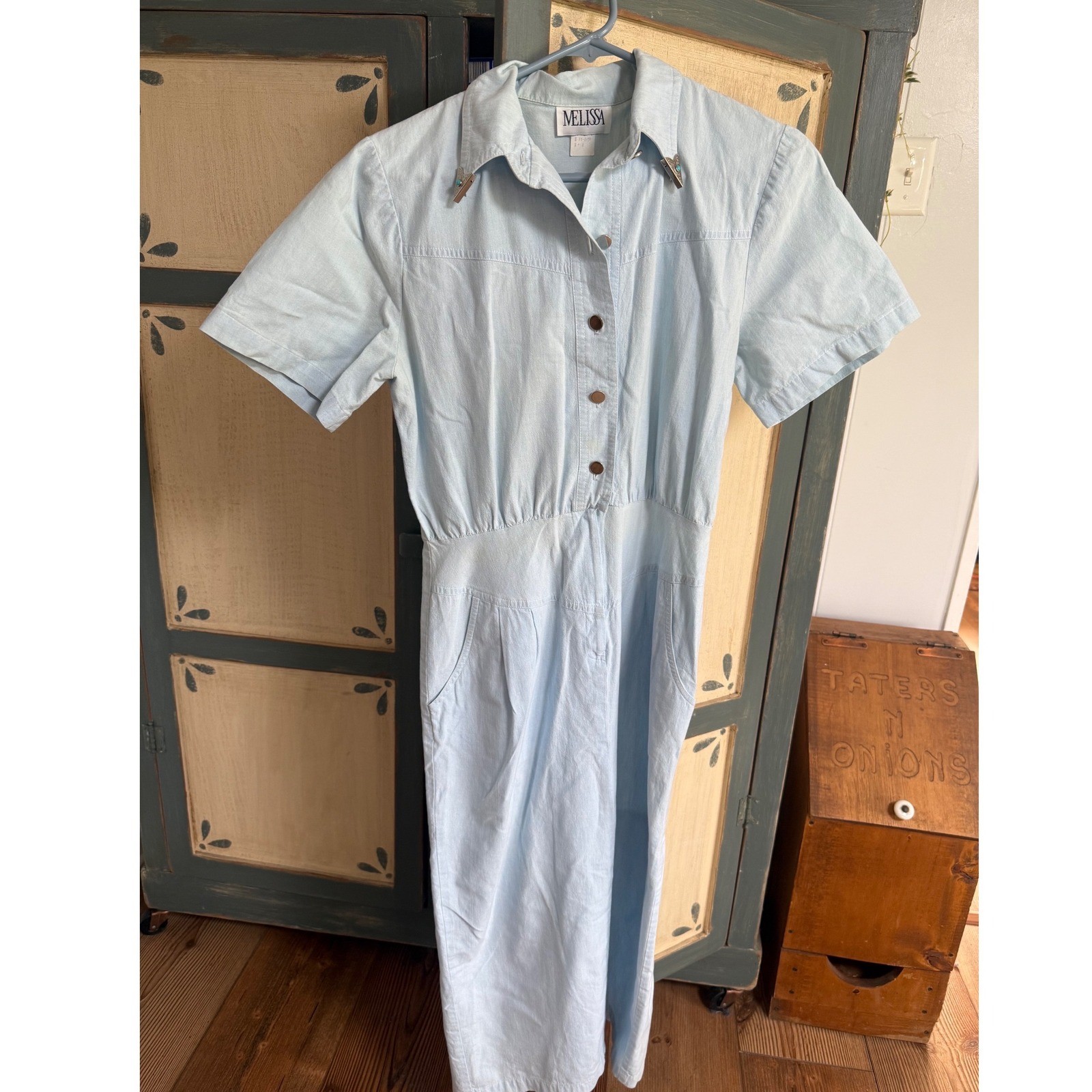 Vintage Melissa Light Blue Cotton Western Dress Metal Collar Tips USA Size 8