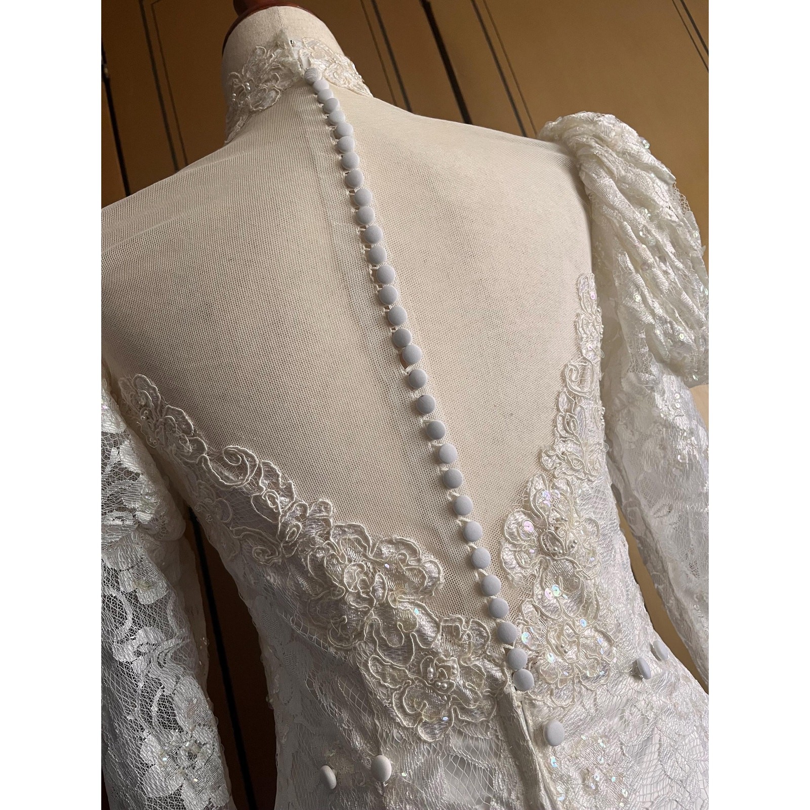 Vintage wedding gown with lace, beads, sequins and train