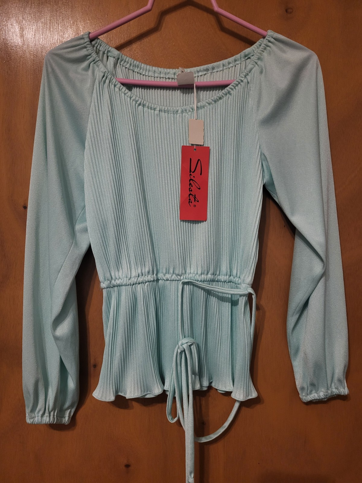 Cute Vintage Pleated Top Women&rsquo;s Sz 9/10. Long Sleeve. Light BlueGreen 60s-70s