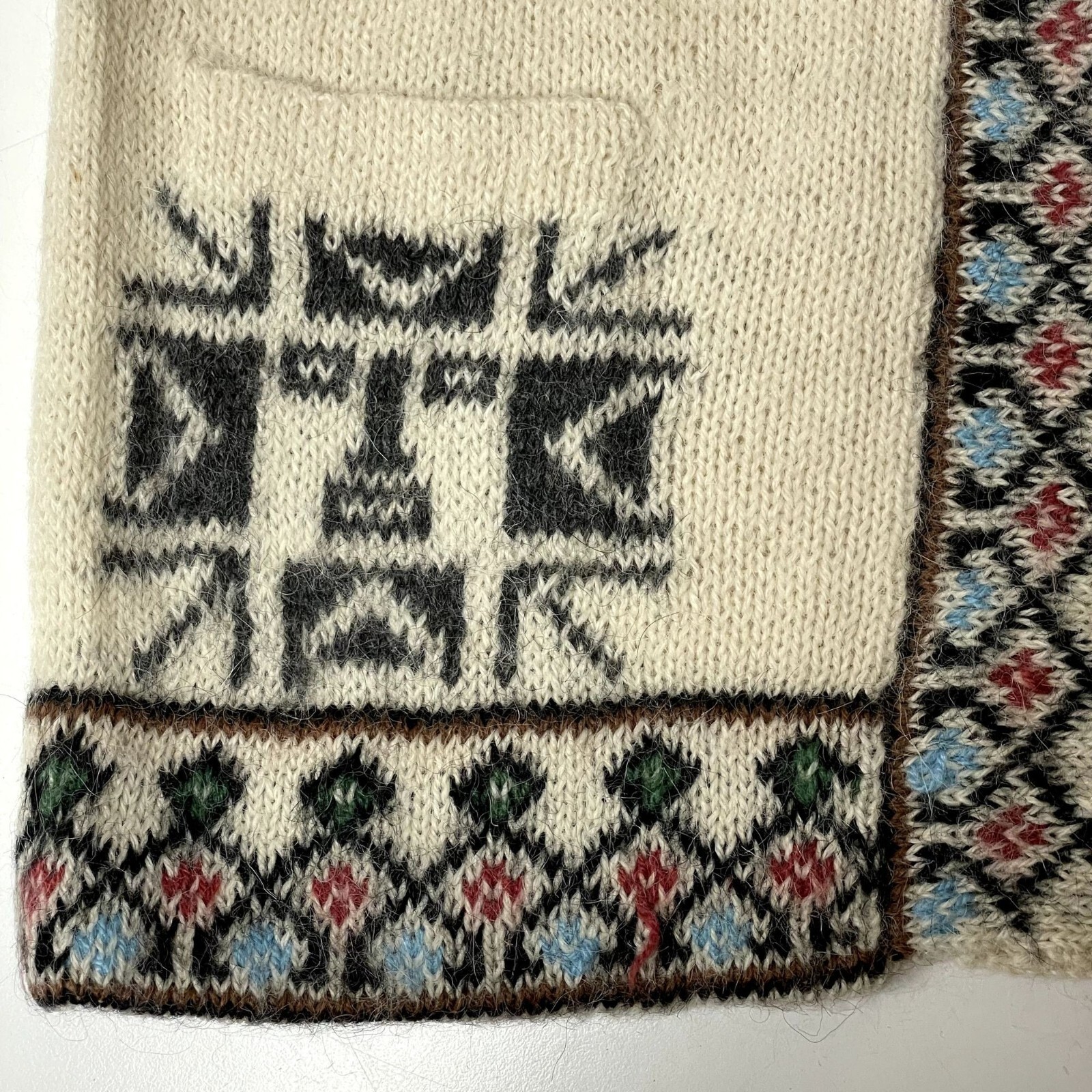 Vtg Cream LLAMA Aztec Cardigan MULTICOLOR Tribal Trim ALPACA MOHAIR Knit Sweater