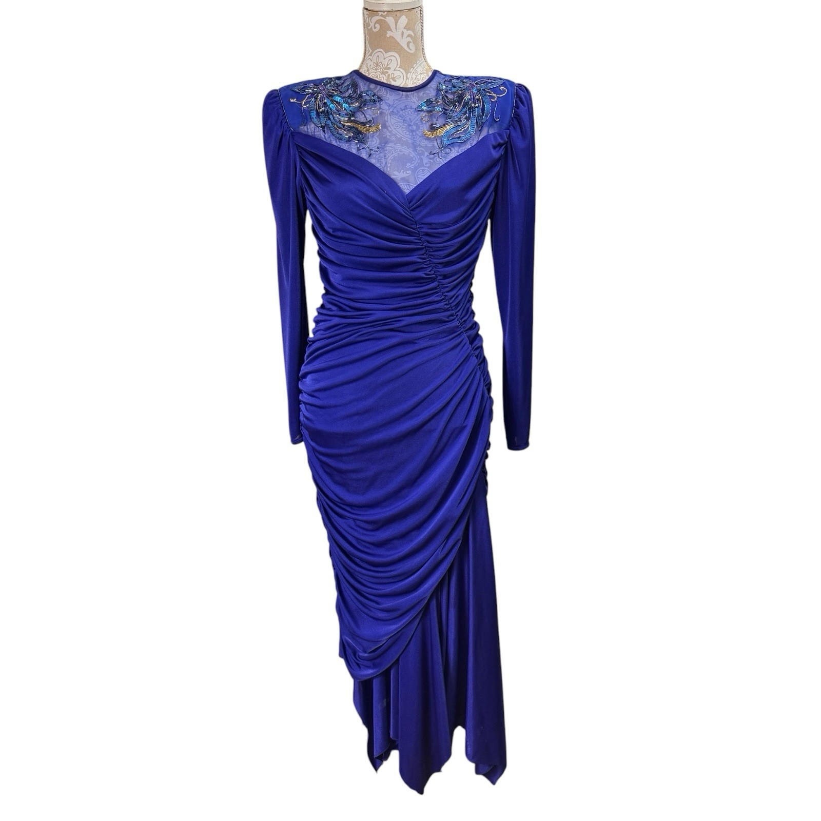 Vintage 80&rsquo;s Abby Kent Beaded Blue Cocktail Dress Ruched Draped Size 10 Dynasty