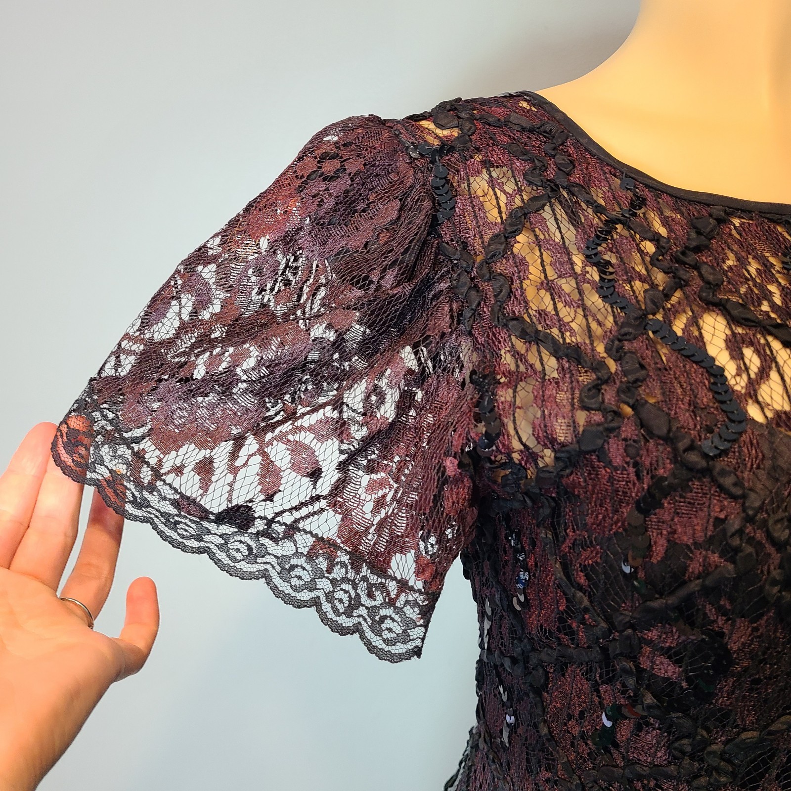 VTG Drop Waist Dress lace Sequin Flapper Art Deco Romantic 1920 Fairy Whimsigoth