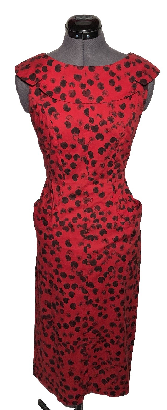 Vintage 1950s Red Black Abstract Polka Dot Wiggle Dress Pencil Skirt 33-26-34