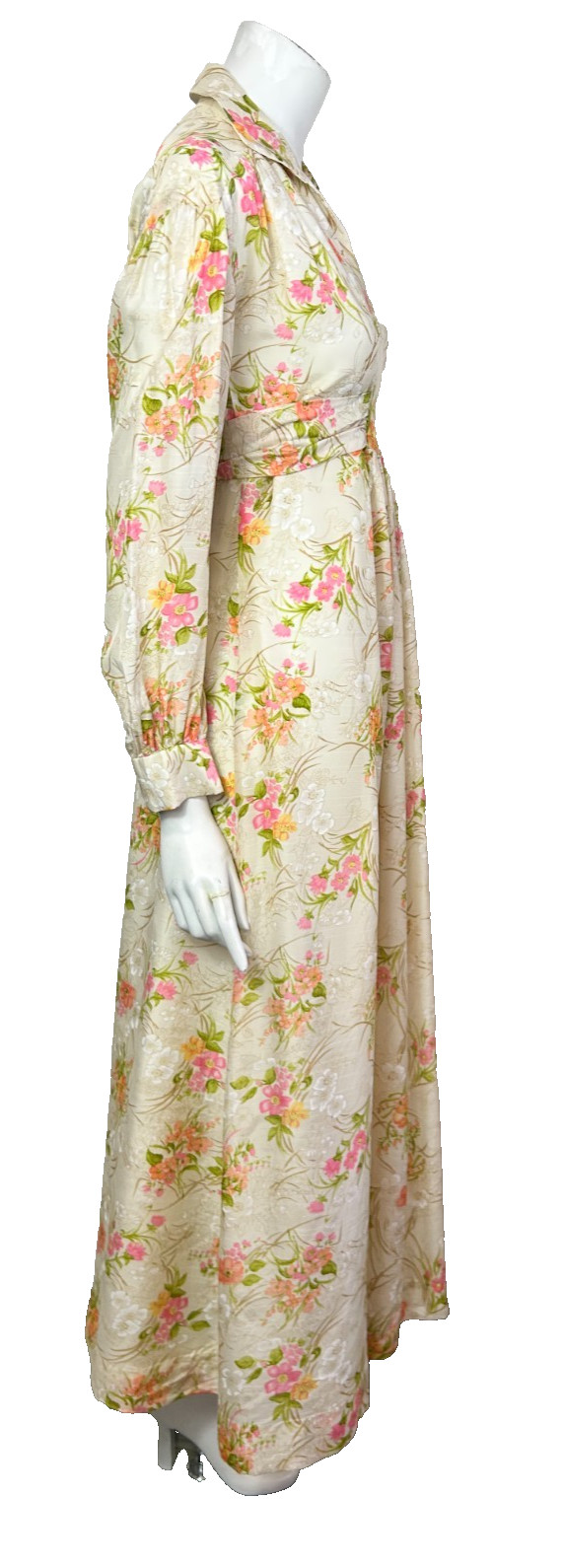 70s Floral Satin Hostess Dress Size Medium Maxi Collared V-Neck Long Sleeve EUC