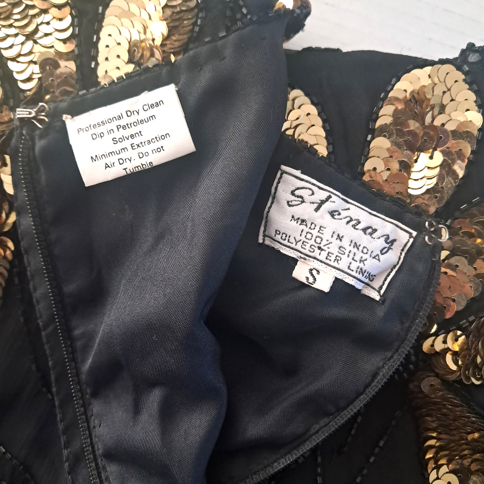 Vintage Stenay Silk Sequin Beaded Top Small Floral Black Gold Regency Goth Event