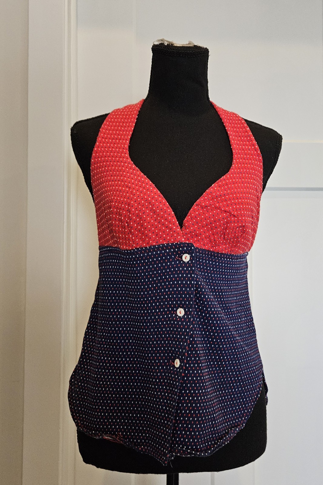 VTG 70s Red White & Blue Polkadot Halter Top Deep V Neck Button Front July 4th