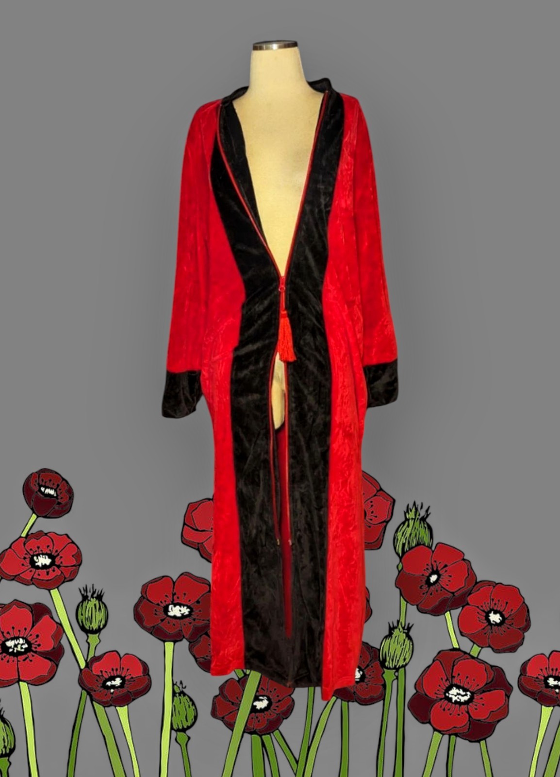 ENCHANTED Red Black LOUNGE Robe House Coat Nightgown 2-WAY ZIP Women&rsquo;s S/M
