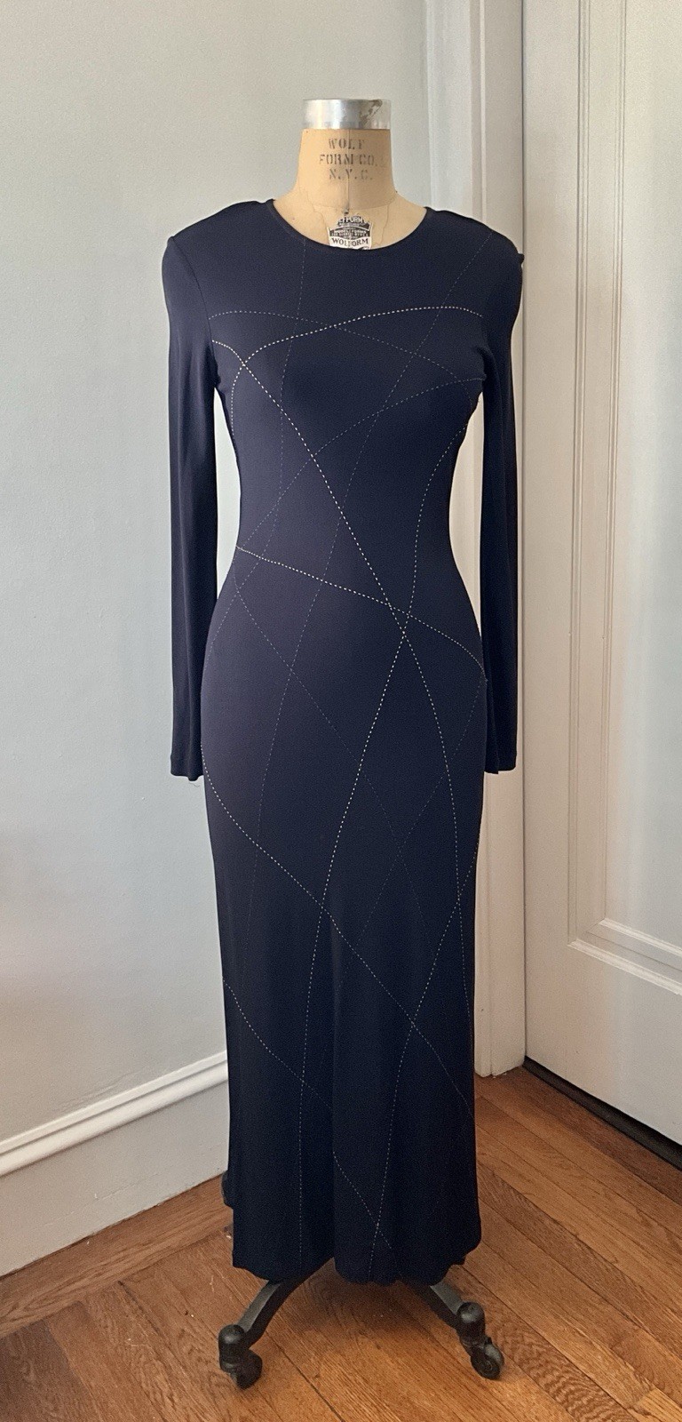 Vintage 2000s Rozae Nichols Midnight Blue Jersey Dress with Embroidered Lines