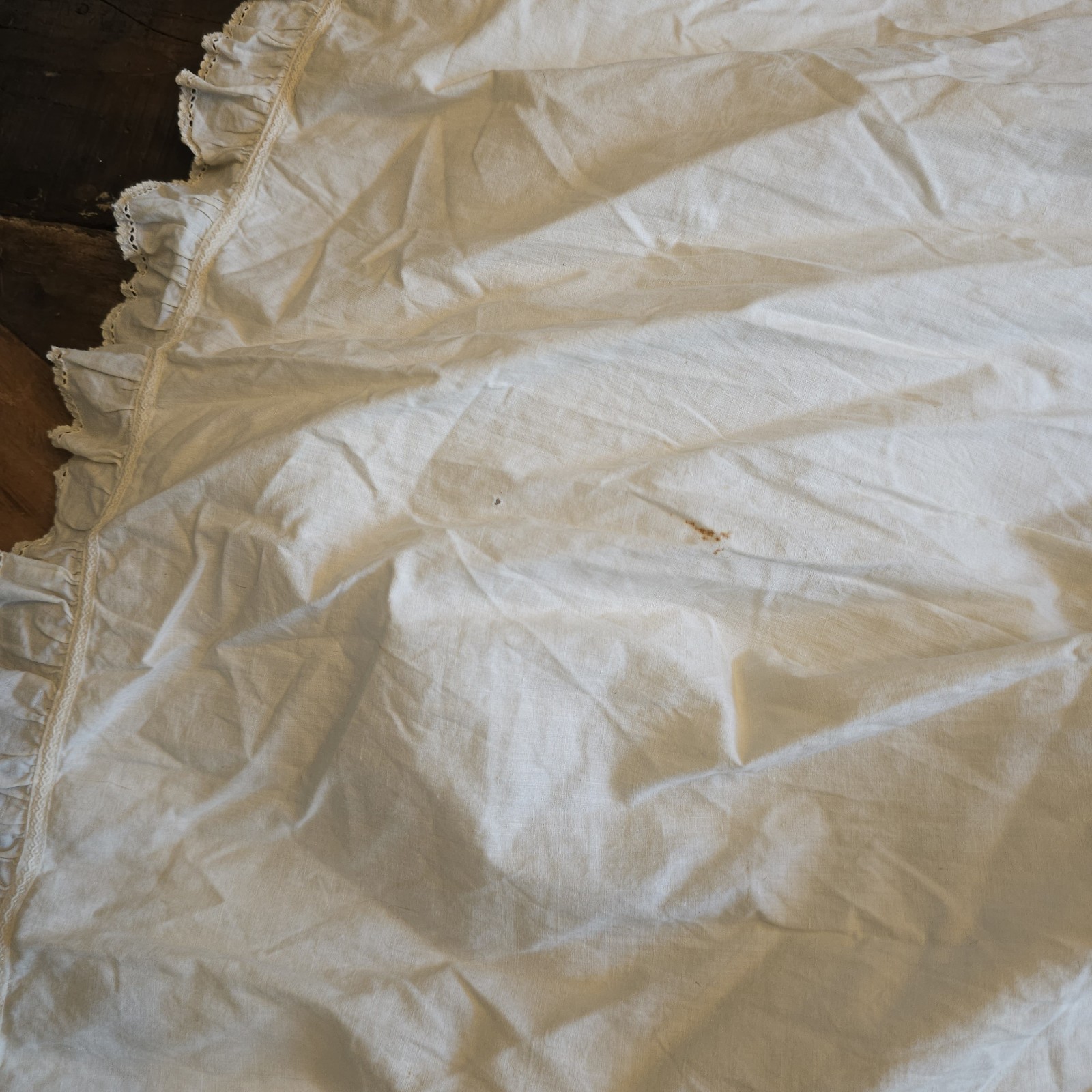 Antique Chemise Cream Lace Trim Slip Midi Dress w/ Ruffled Sleeves Edwardian