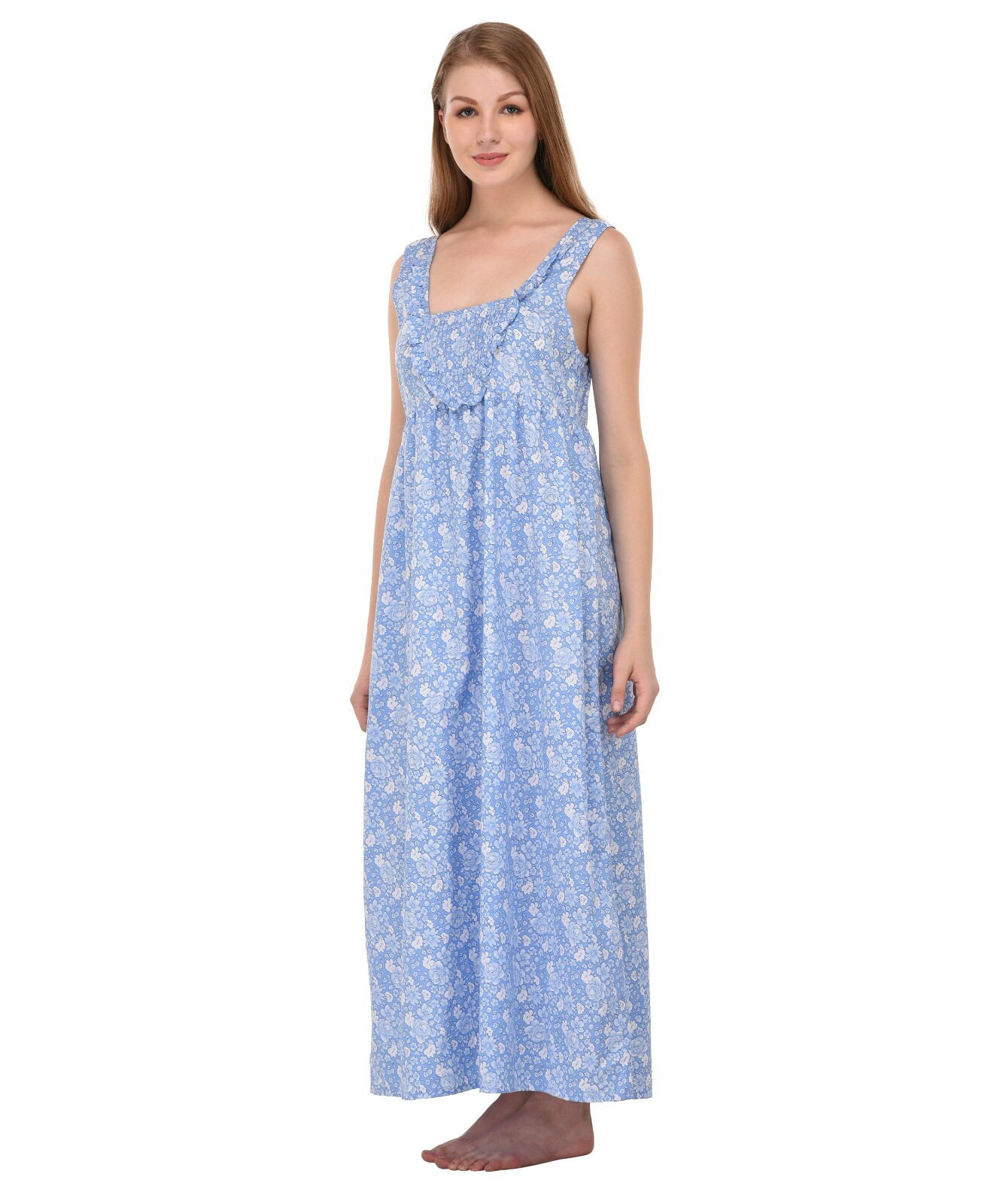 Printed Cotton Sleeveless Long Nightdress | Cotton Lane