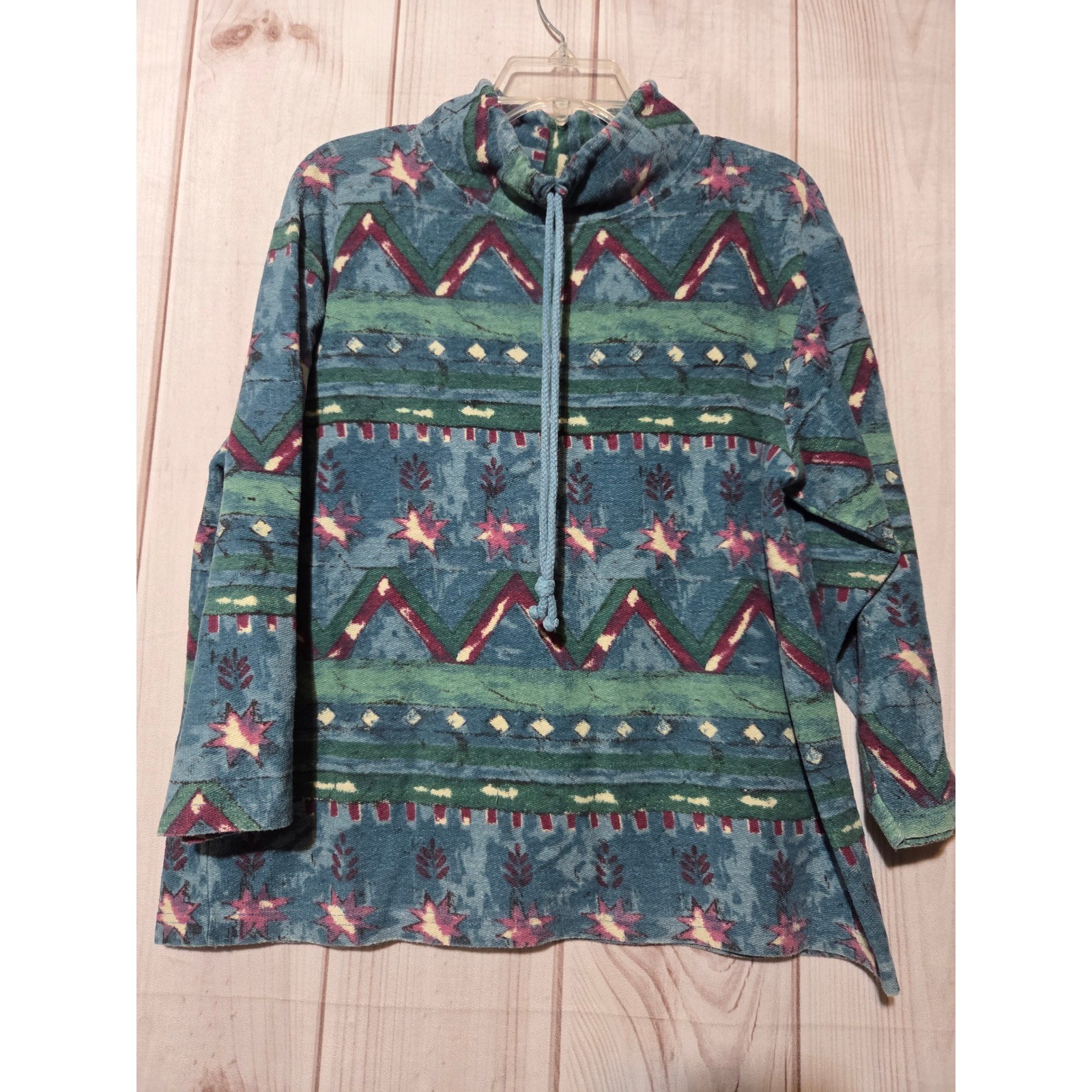 Vintage B Moss Womens Blue Southwestern Funnel Neck Cotton Pullover Top Medium