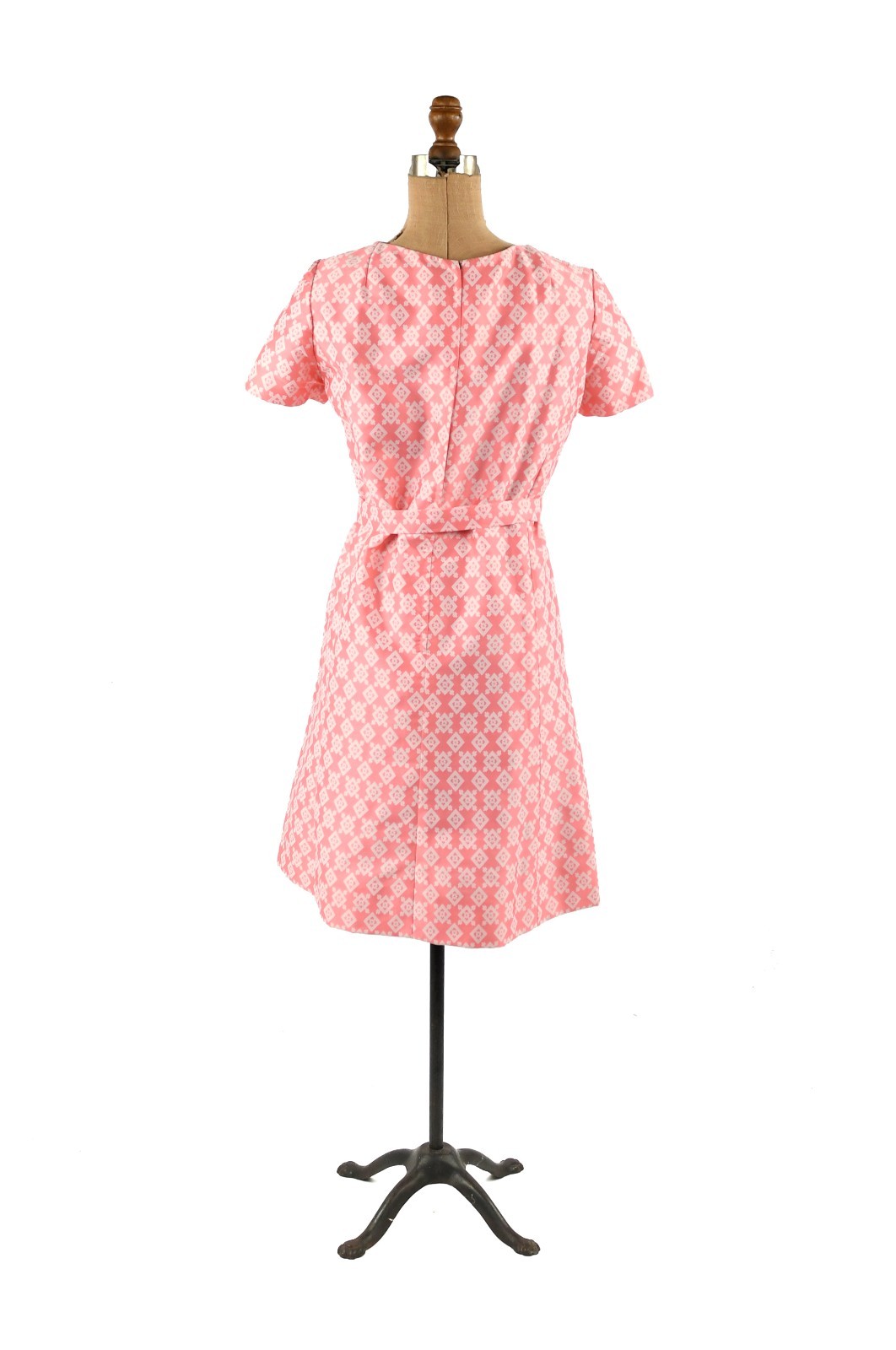 Vintage 60s Pink + White Brocade Diamond Print Short Sleeve Mod Shift Day Dress