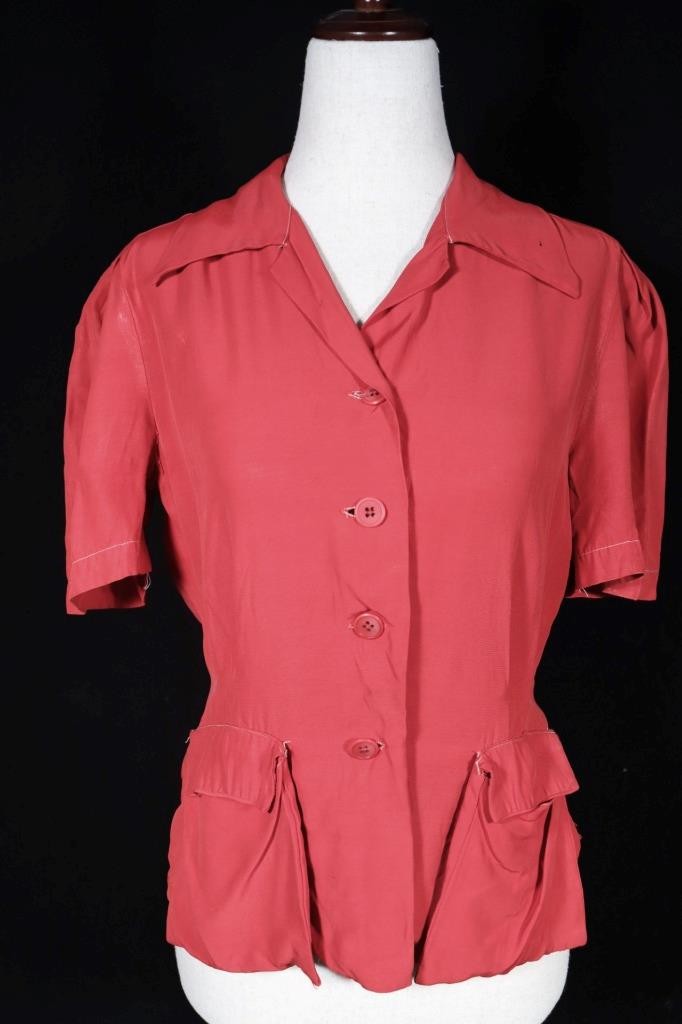 Vintage 1940&rsquo;s WWII Era French Red Silky Rayon Blouse Size Medium 36&Prime; Bust