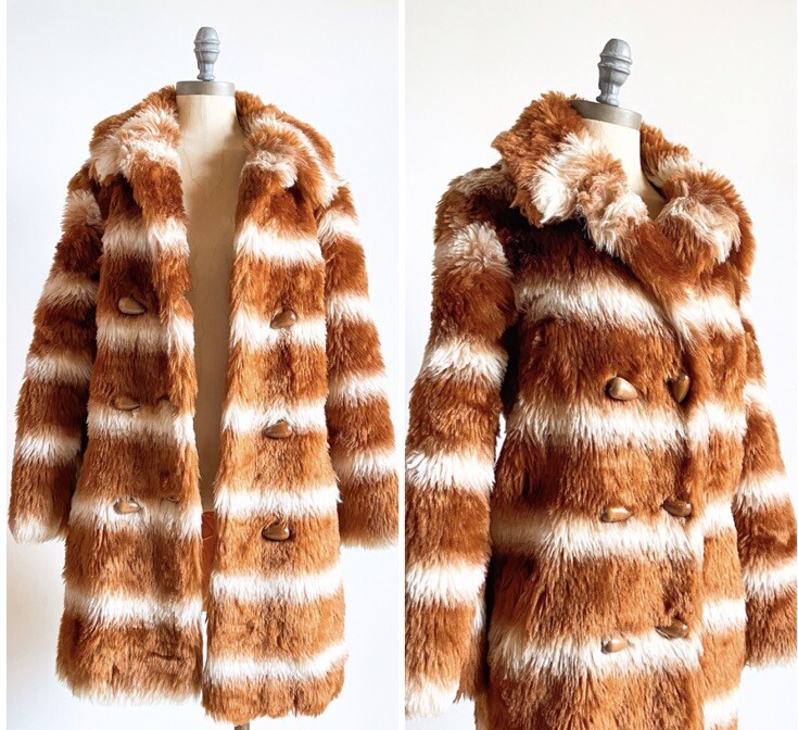 Vintage 1970s Faux Fit Coat Jacket Striped Size S/M Retro