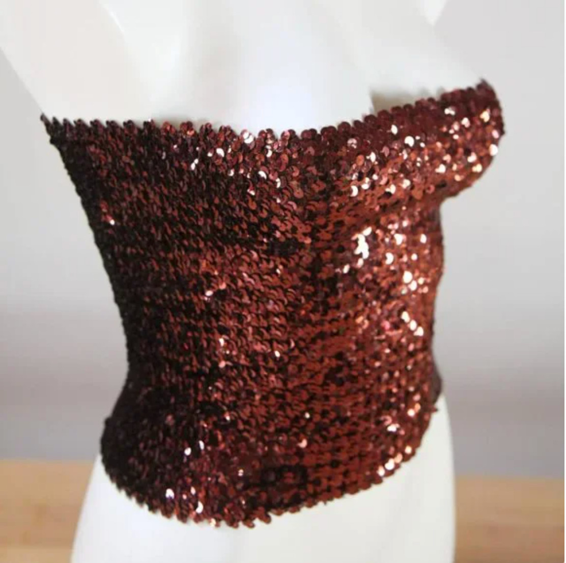 Vintage 1980&rsquo;s Copper Brown Disco Sequin Tube Top Crop Top Small