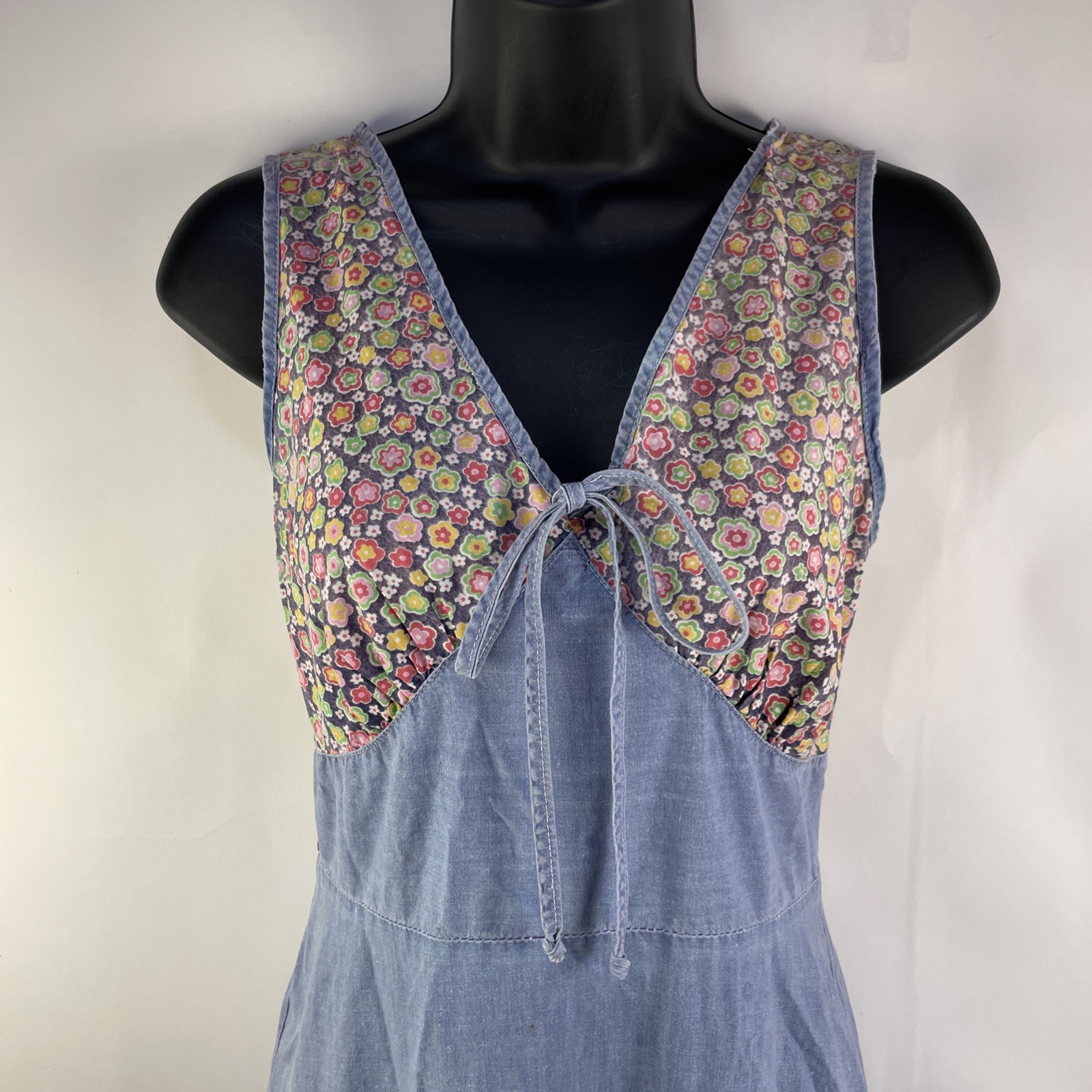 Vtg Prairie Cottagecore Chambray Calico Dress Size XS Cotton