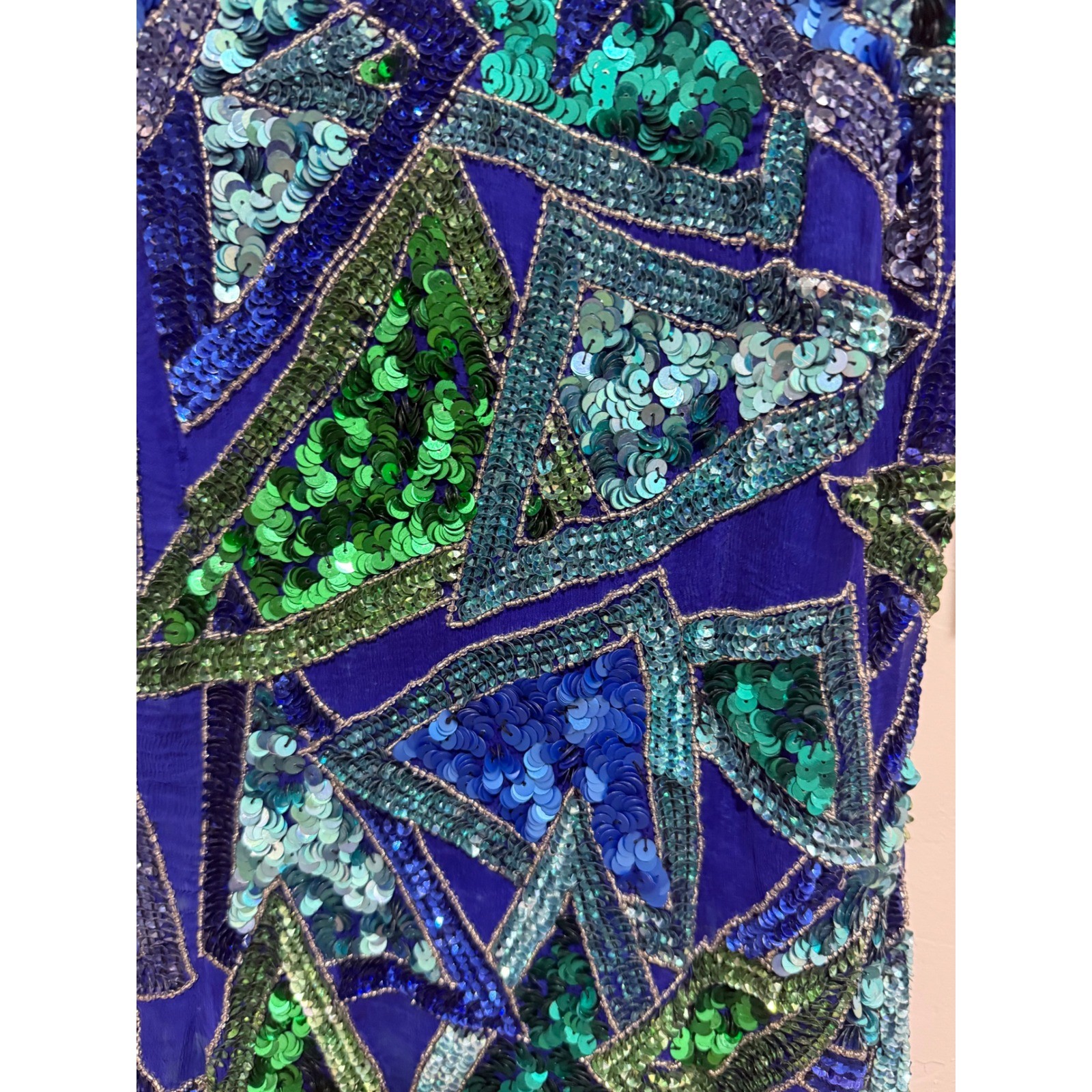 Vintage Joan Leslie Studio Sequin Beaded Mini Dress Blue Green Cocktail Party