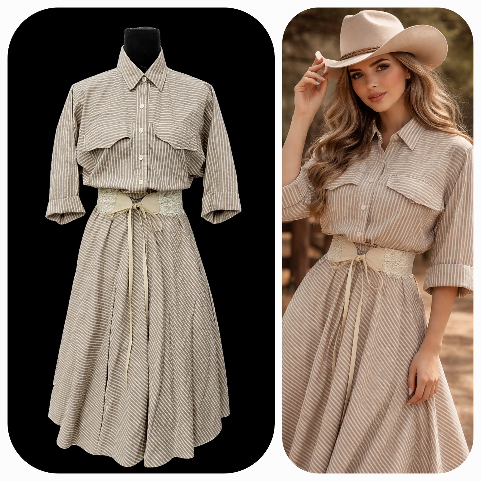 VTG 80s Beige Stripe Shirt Dress Prairie Midi Western Cottagecore/Dolman Sleeve