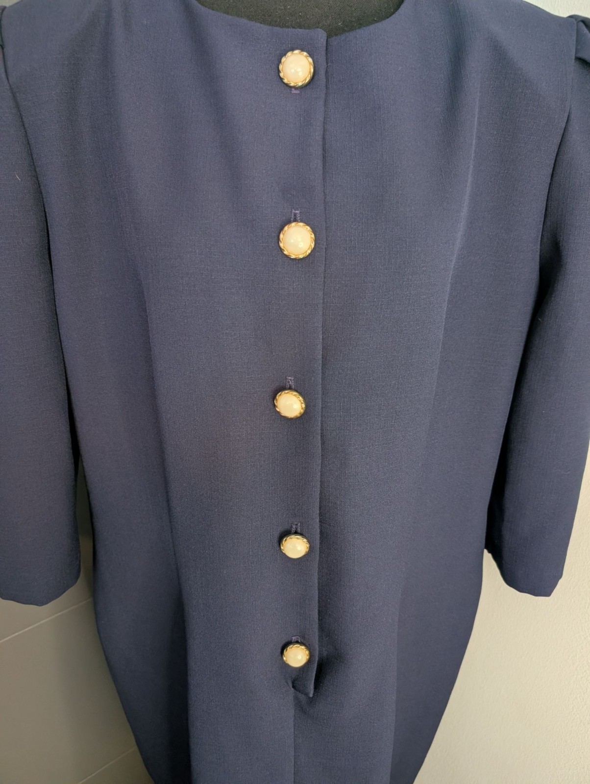 Vintage Risa Ann Navy Blue Dress With Gold Button Accents – 16W – Made In USA