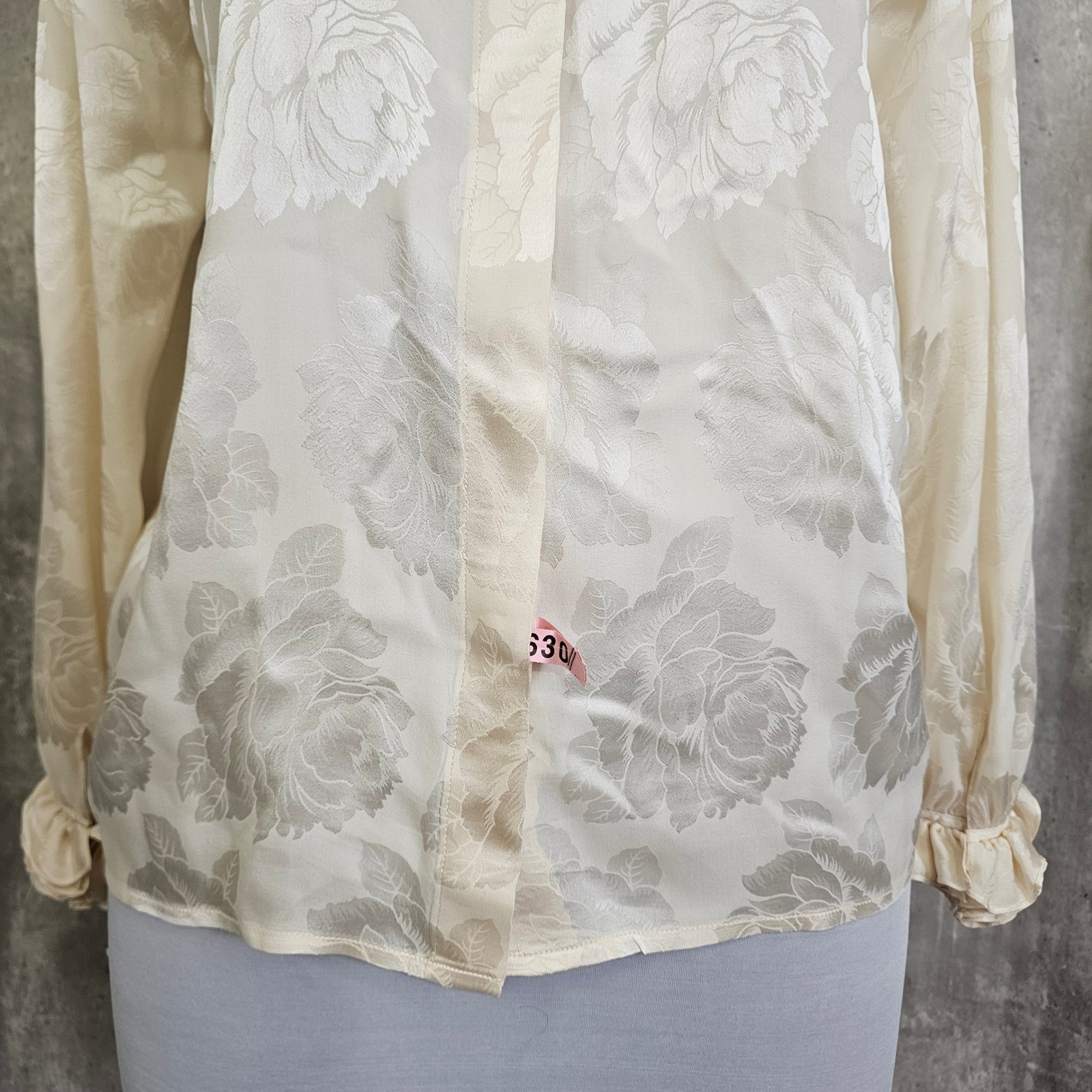 Vintage Ivory Floral Jacquard Ruffle Neck Blouse Romantic Cottagecore Womens M