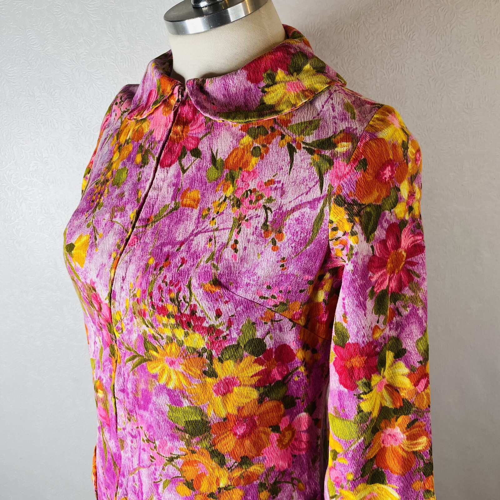 Vtg 60s 70s Midi Dress sz S Purple Floral 3/4 Sleeves Pockets Handmade Unbranded