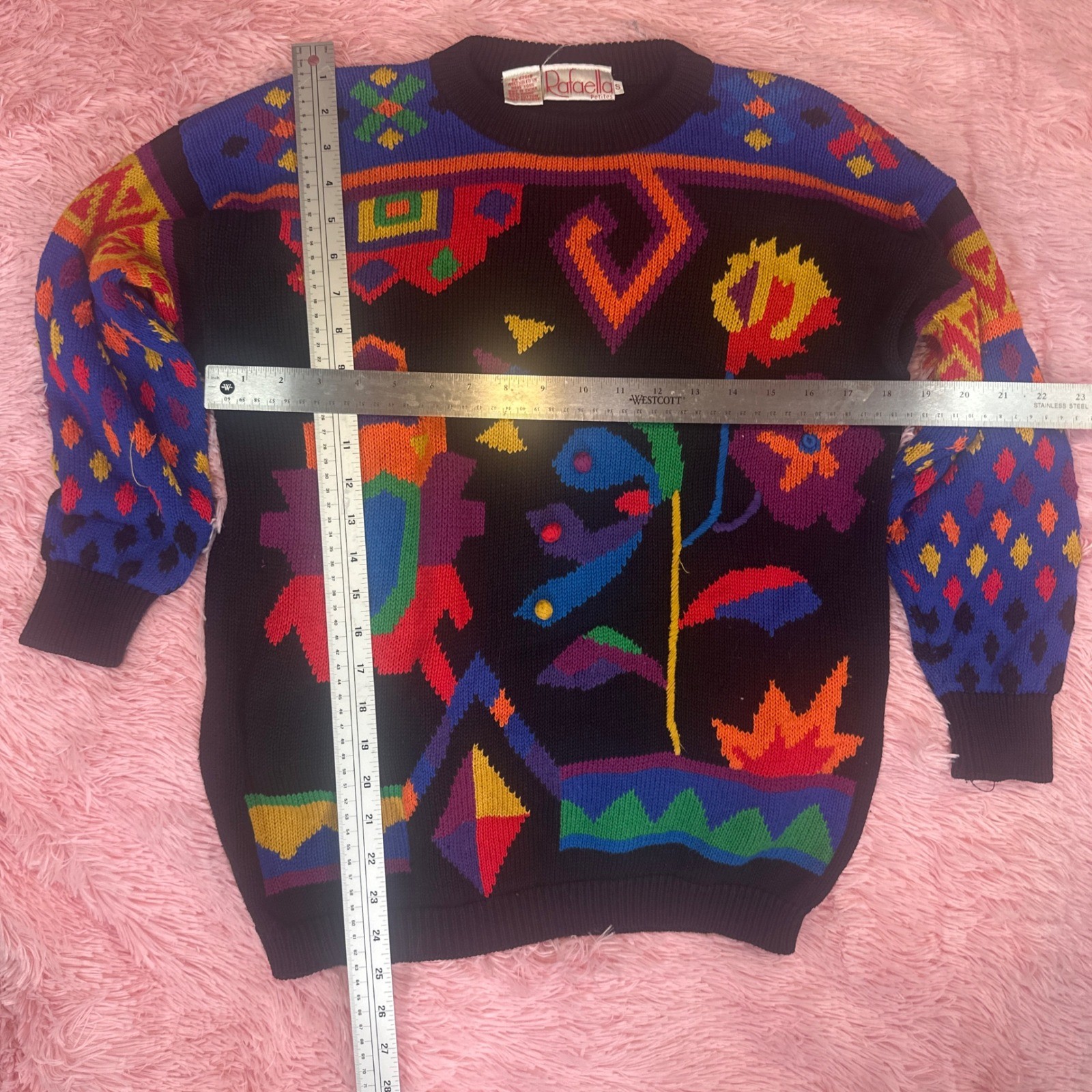 Vintage Rafaella Petites Abstract Geometric Floral Knit Sweater Small Black Art