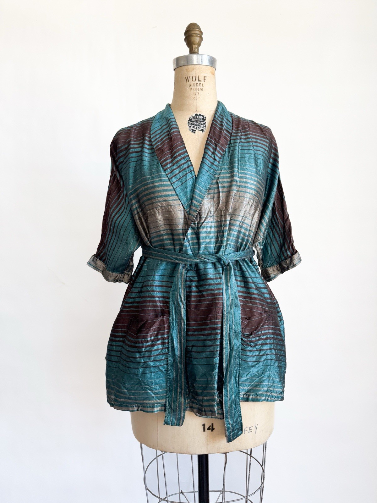 Vintage 1950s Striped Silk Wrap Top Belted Shirt Silk Teal Copper Tommies M L