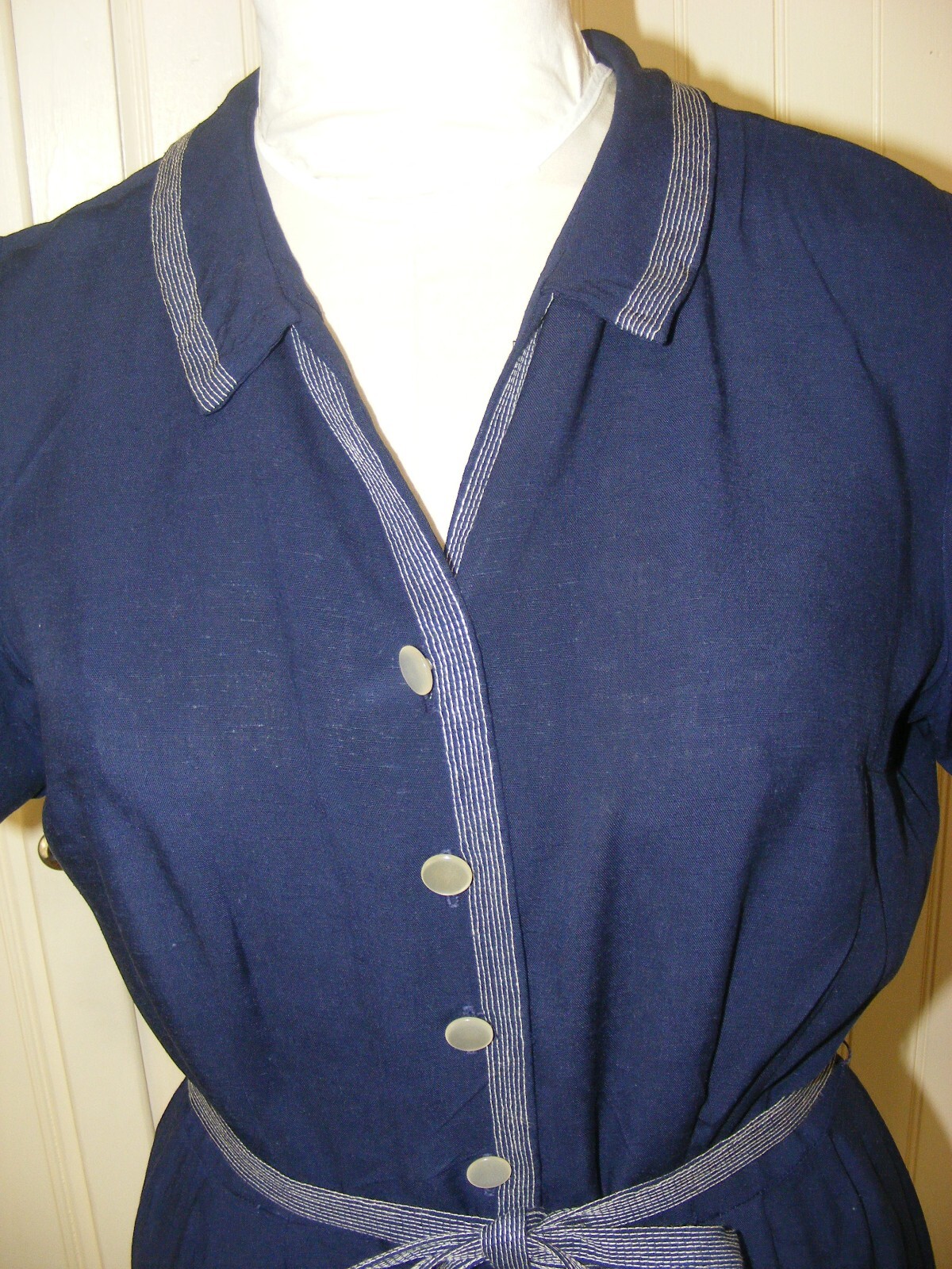 40S DRESS NAVY BLUE BUTTON UP LONG FULL SKIRT BELTED FLAT WAIST M