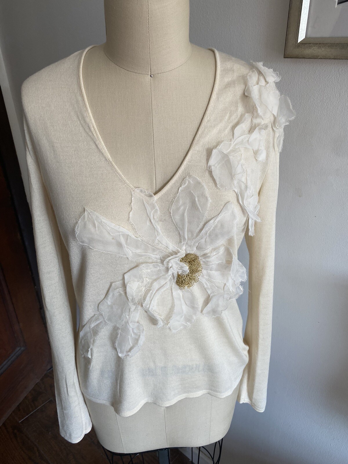 Vintage Emanuel Ungaro Paris Sweater Cream Chiffon, Gold Flower SZ L Chest 34”