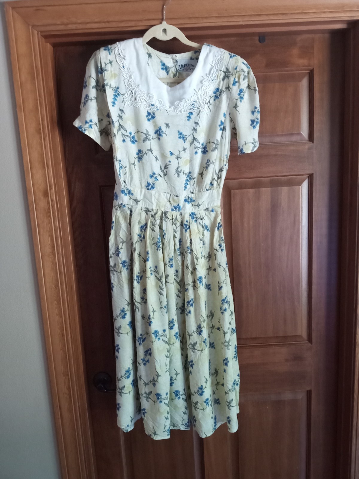 Vtg Yellow/Blue Floral Midi Sun Dress Size 12 1980s Lace Collar Cottagecore