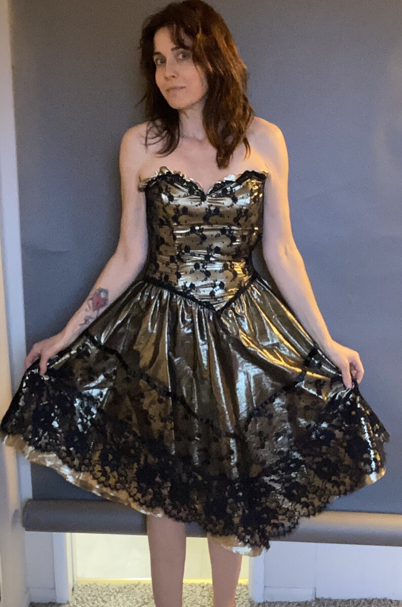 VTG New Leaf by Samir XS 0 2 Gold Black Metallic Party lace Dress Strapless