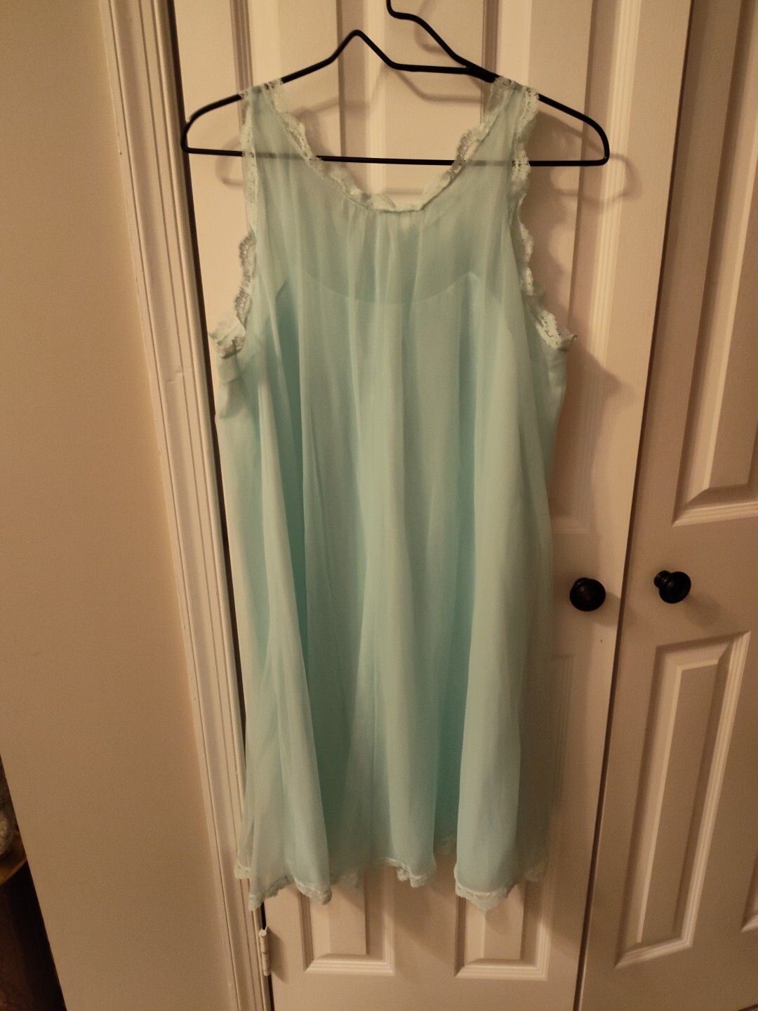 Vtg Gossard Artemis Pale Teal Blue Lined Chiffon Lace Babydoll Nightgown L Large