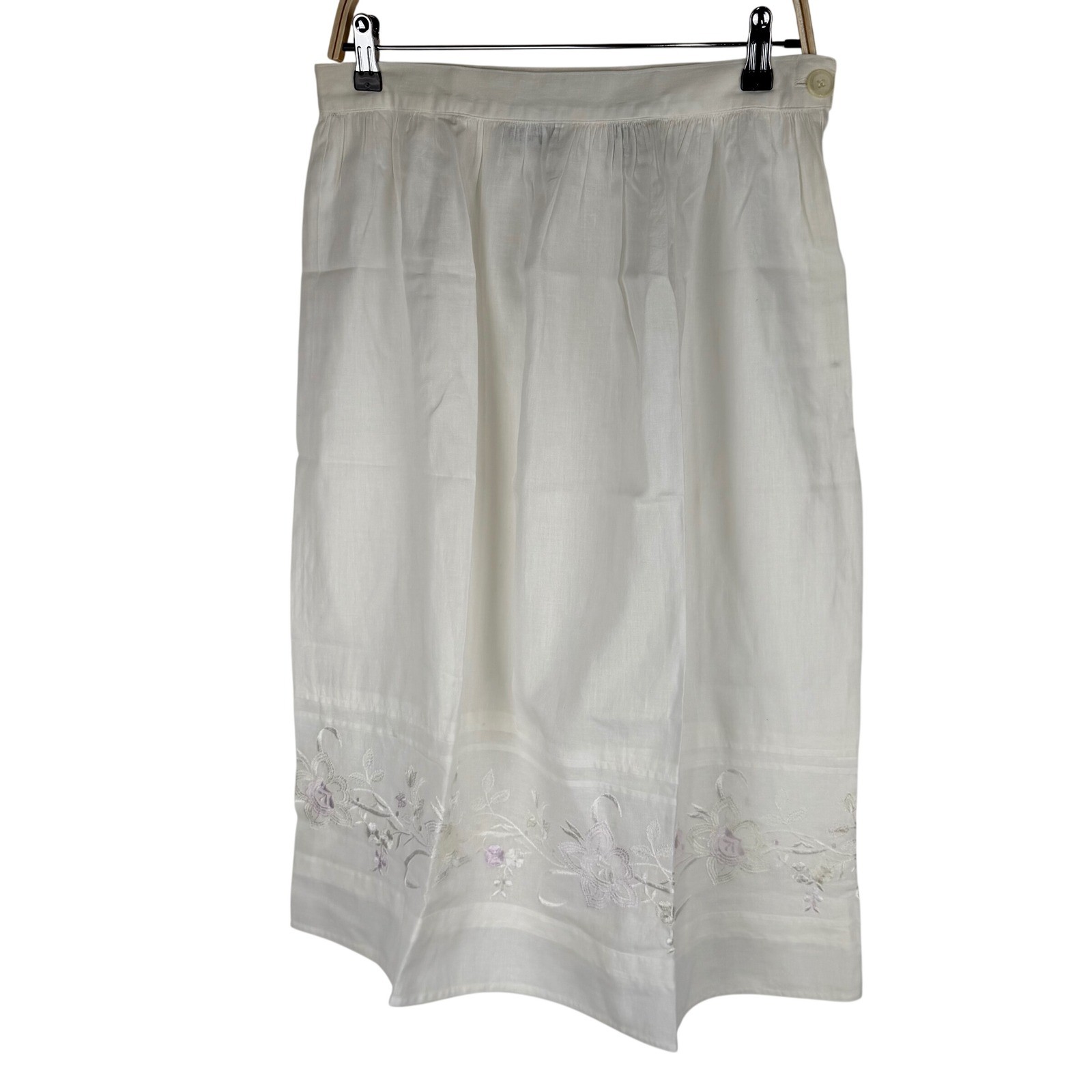 Nilani Vintage 80s White Linen Blend Floral Embroidered Midi Skirt Waist 31&Prime;