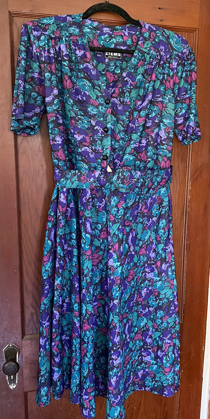 Vtg 80s Items Brand Polyester Belted Dress W/Pockets Sz 12 Floral Purple Teal