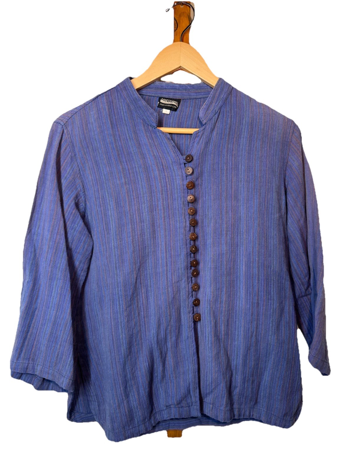 Ganesh Himal Purple Striped Tunic Large Hand Woven Nepal Linen/Cotton Button Up