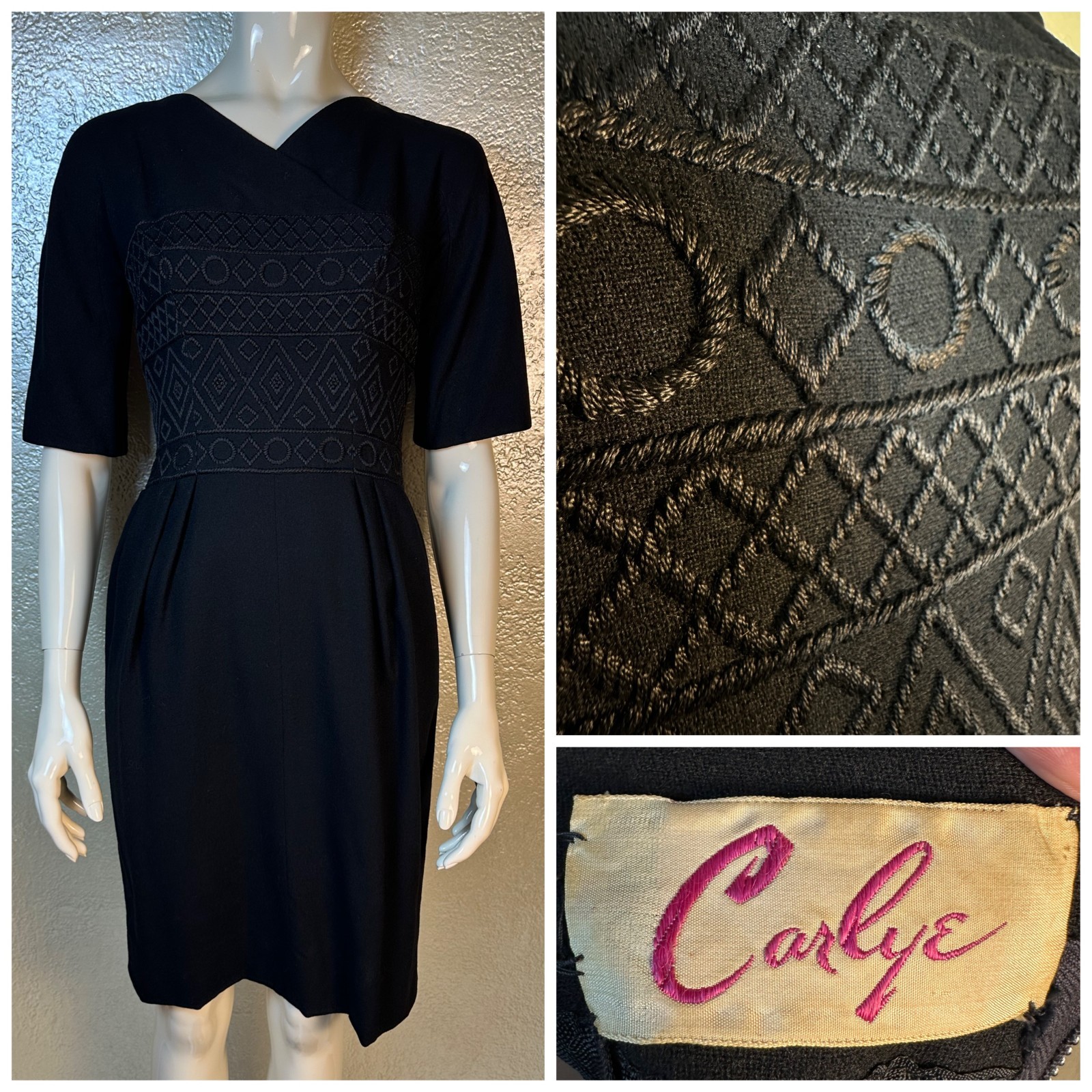 Vintage 1960&rsquo;s Ladies CARLYE Black Embroidered Wool Short Sleeve Dress SM