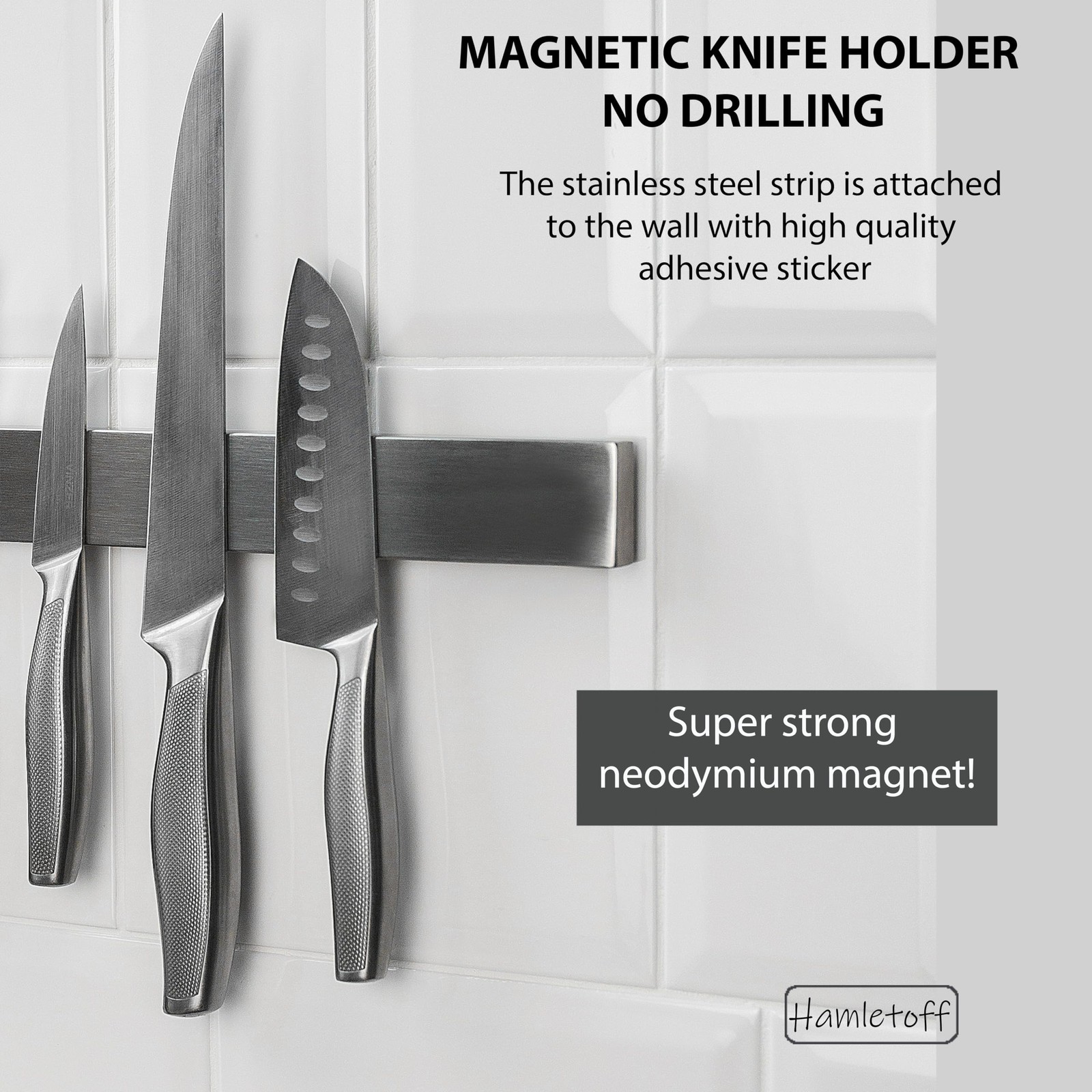 Hamletoff 16&Prime; Magnetic Knife Strip Wall Mount Stainless Steel No Drilling Holder