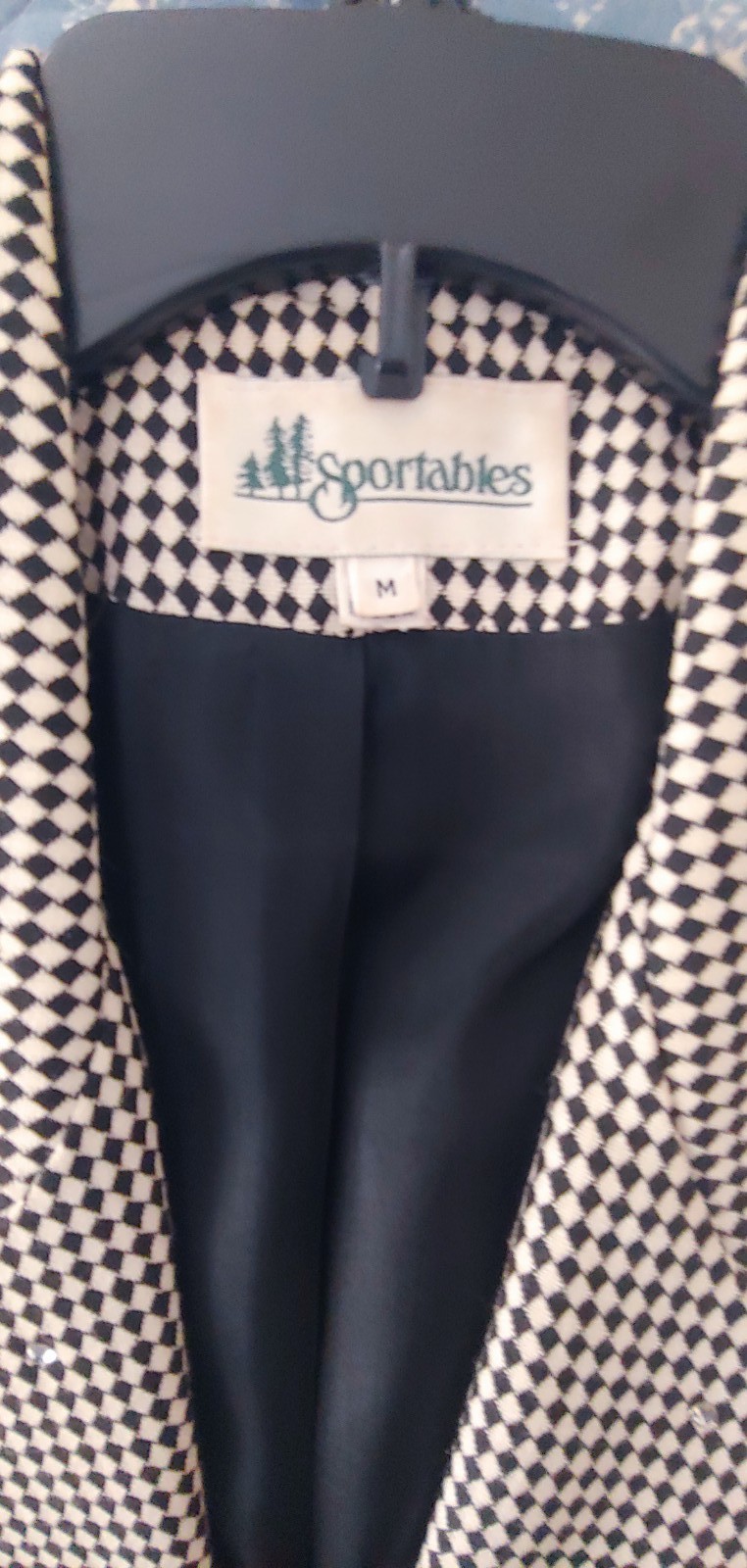 1990s Sportables Women&rsquo;s M Black/White Diamond Pattern Blazer Jacket/Rhinestones