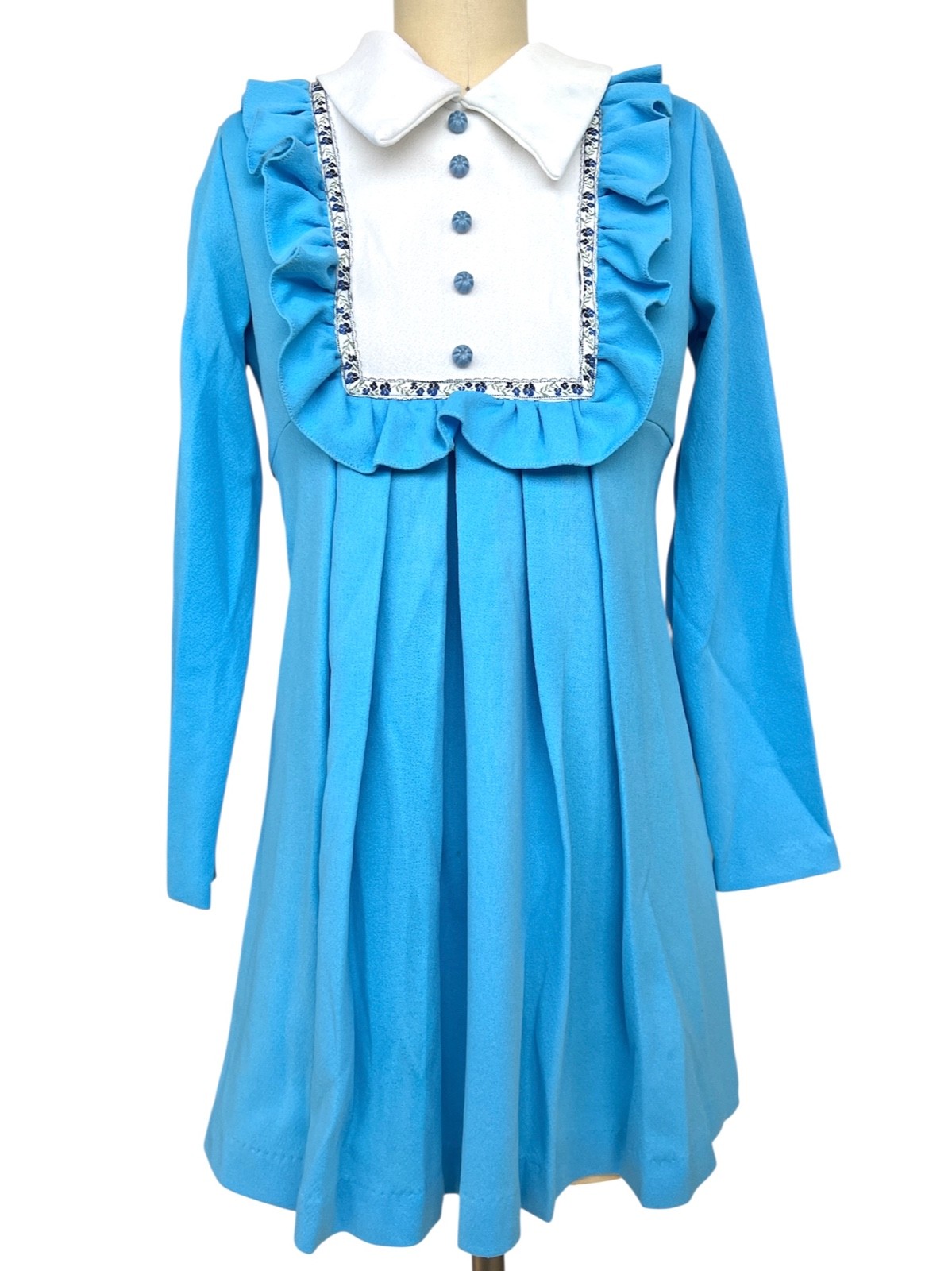 VTG 60s 70s Babydoll Pleat Mini Dress Blue White Ruffle Bib Collar Mod GoGo XS S
